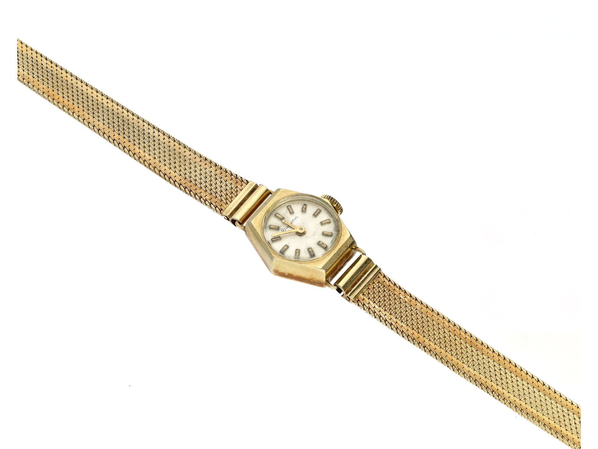 Armbanduhr: goldene vintage Damenuhr der Marke "Dugena", 14K GoldCa. 19cm lang, ca. 20,8g, 14K Gold,