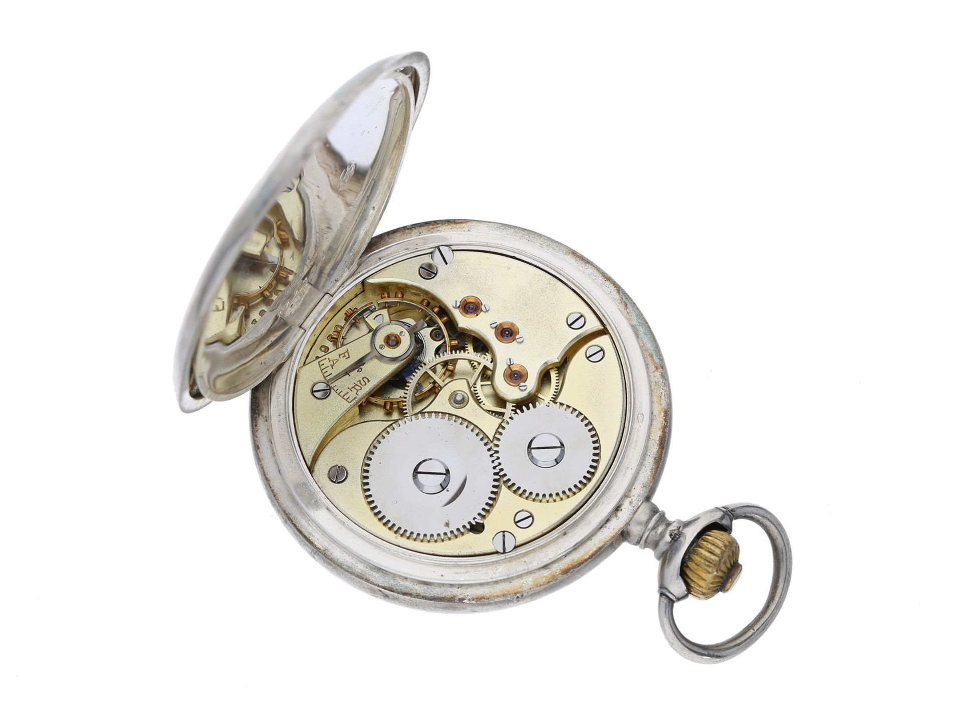 Taschenuhr: silberne Savonnette der Marke IWC, aus dem Jahr 1900, mit StammbuchauszugCa. Ø52,5mm, - Bild 2 aus 2