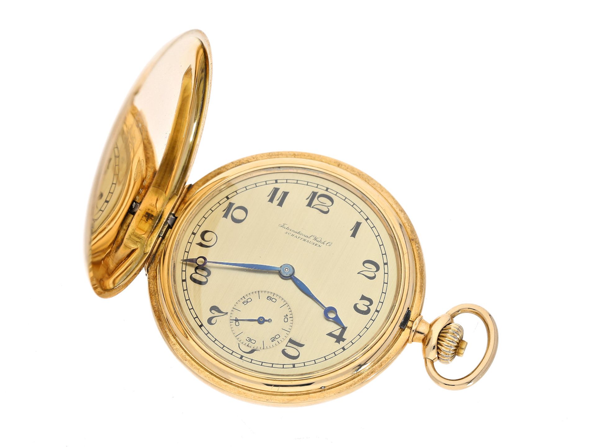 Taschenuhr: seltene, extra flache IWC Goldsavonnette, verkauft 1924, mit StammbuchauszugCa. Ø49mm,