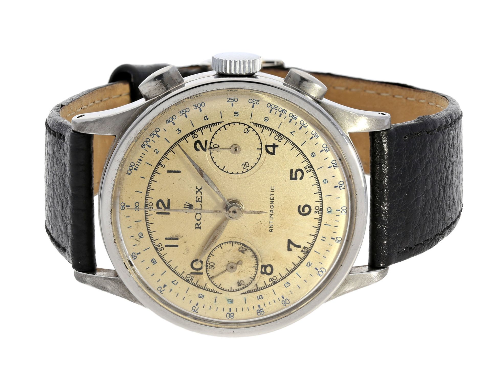 Armbanduhr: ganz früher Chronograph mit ovalen Drückern, vermutlich Rolex Ref.2508 "37,5mm-oversize"