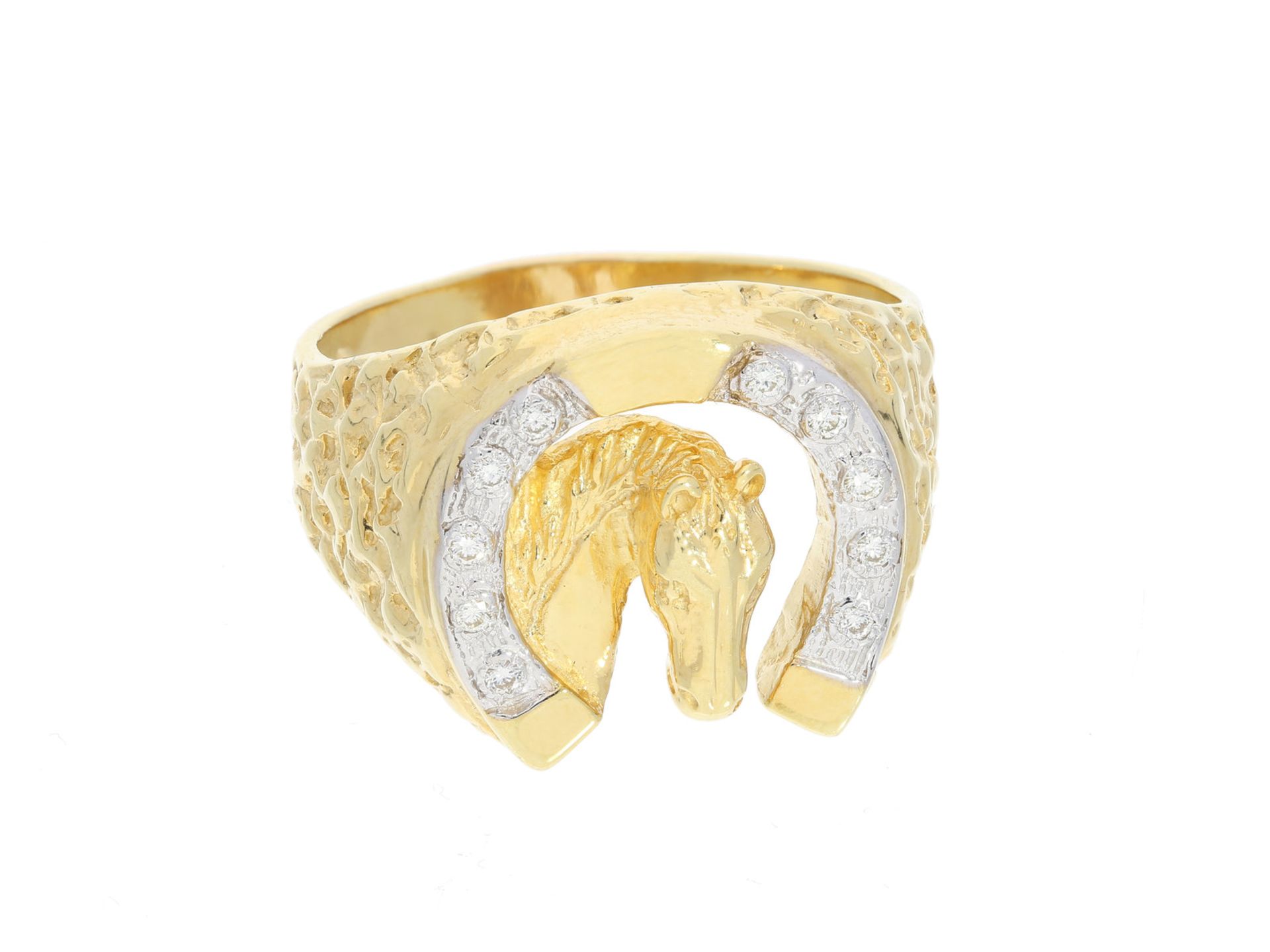 Ring: außergewöhnlicher Goldschmiedering mit Brillantbesatz Motiv "Pferd", unikate vintage