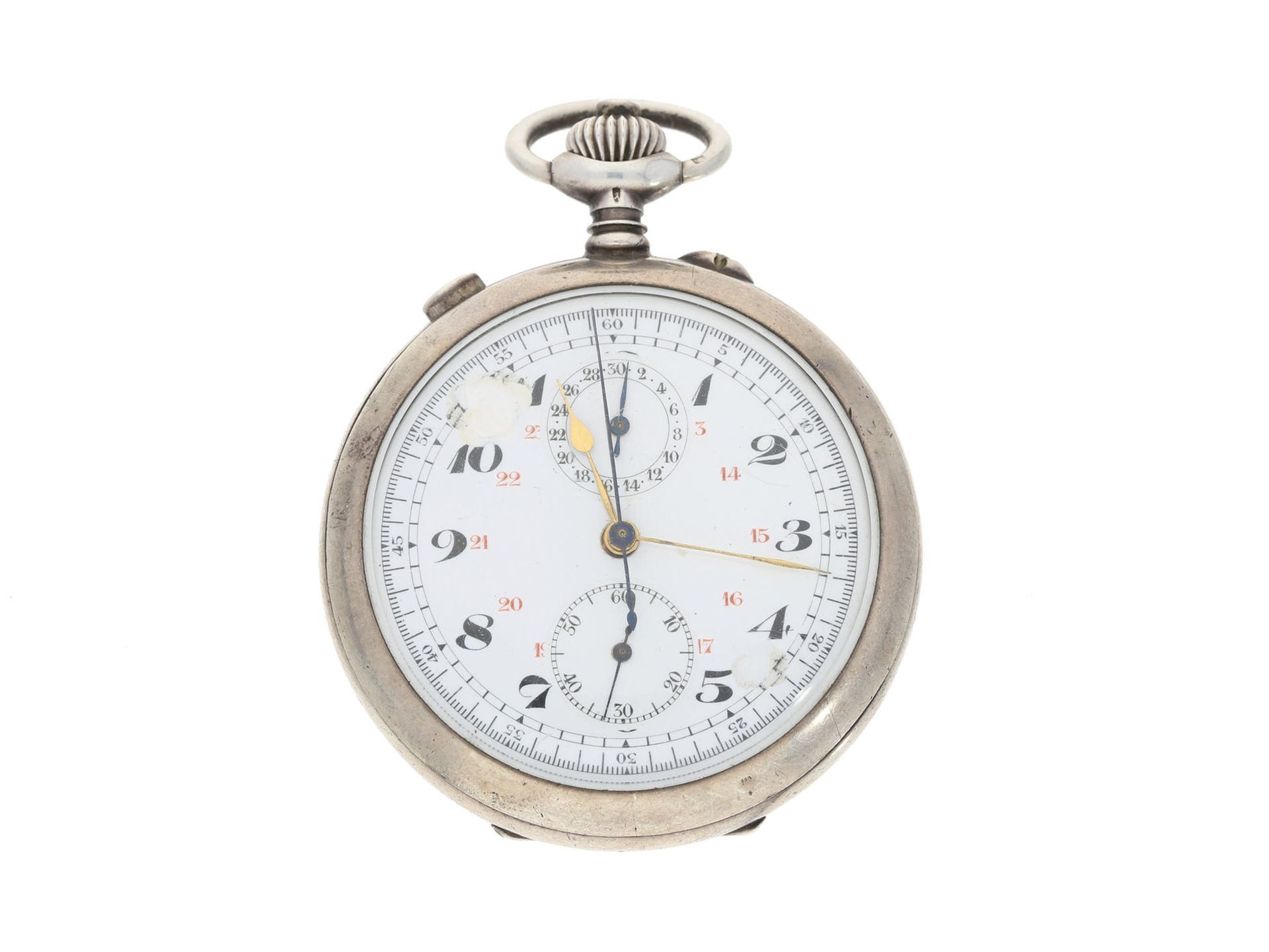 Taschenuhr: seltener Chronograph mit Schleppzeiger und Register "Compteur Rattrapante", Silber,