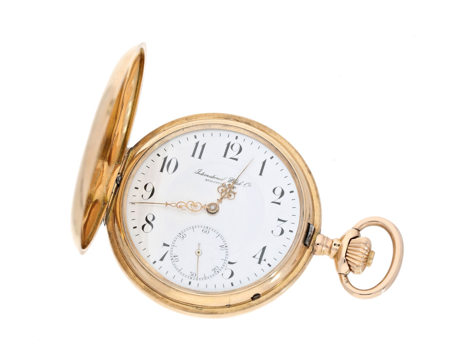 Taschenuhr: klassische 14K Gold Savonnette der Marke IWC, aus dem Jahr 1910, mit