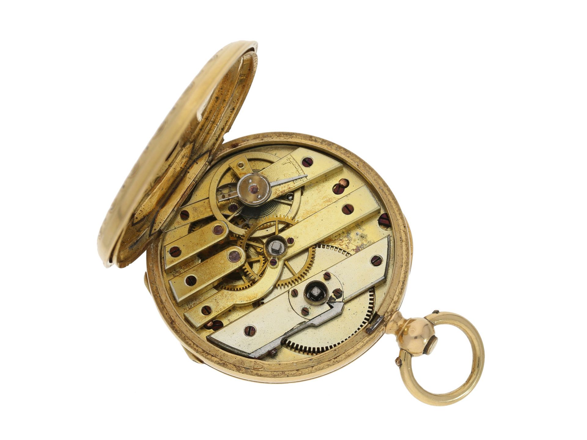 Taschenuhr: hochwertige Gold/Emaille-Damen-Lepine, um 1870, dazugehörige Goldchatelaine mit - Bild 4 aus 4