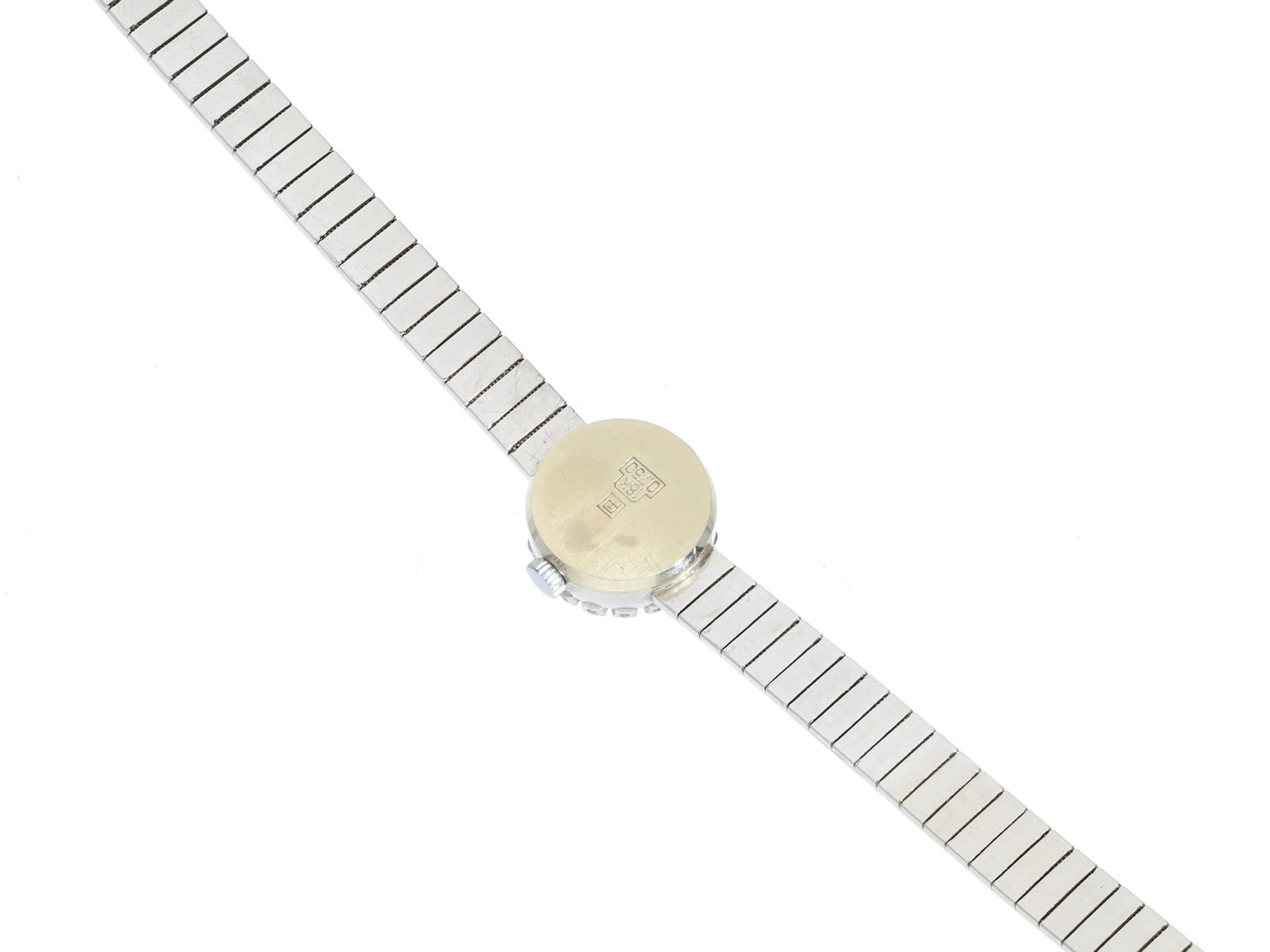 Armbanduhr: weißgoldene vintage Damenuhr mit Diamant-/Brillantbesatz, 18K, um 1950Ca. 16cm lang, ca. - Image 2 of 2