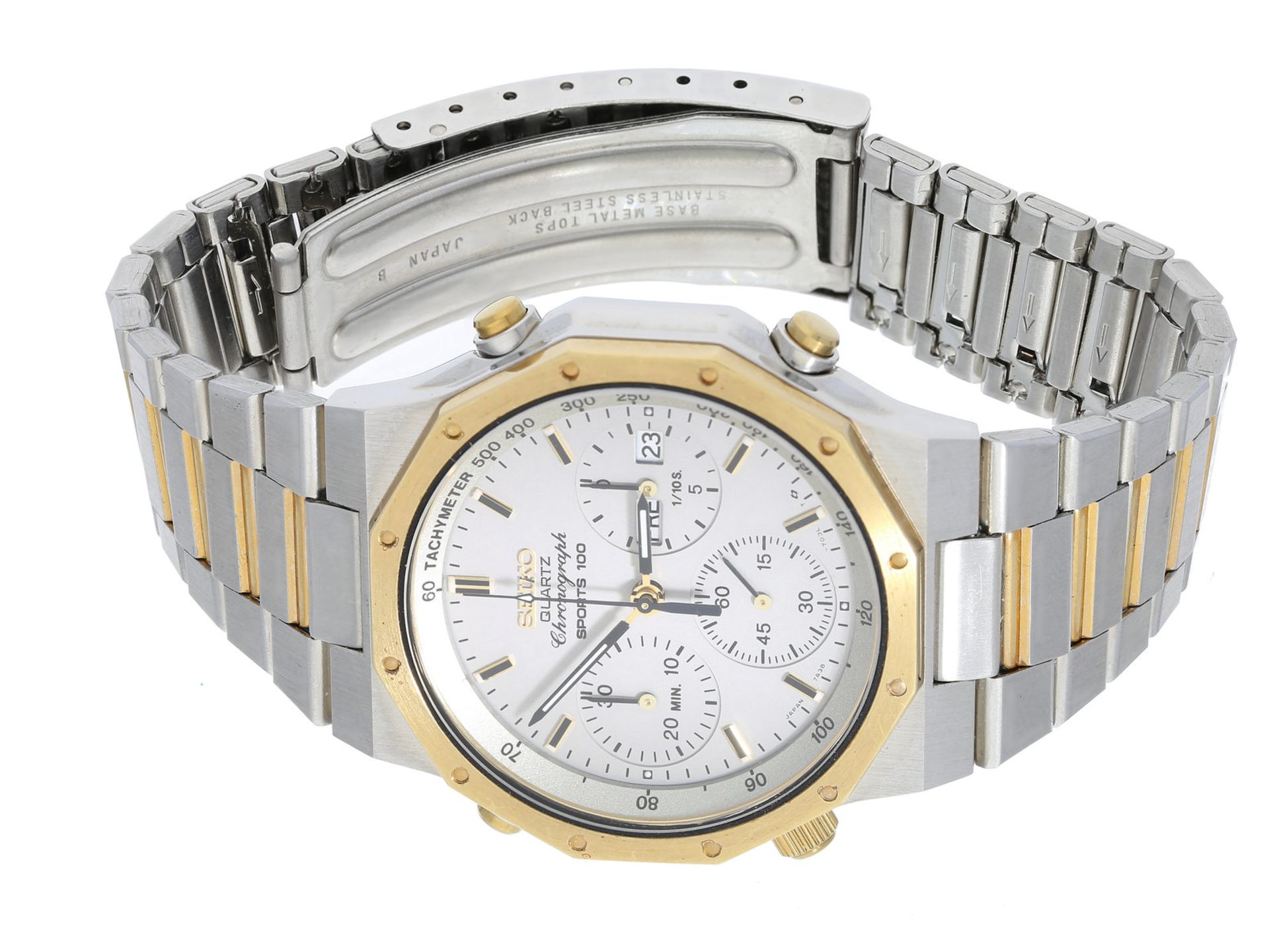 Armbanduhr: interessanter Herren-Chronograph, Seiko "Sports 100", QuarzCa. Ø38,5mm, Quarzwerk, 3-