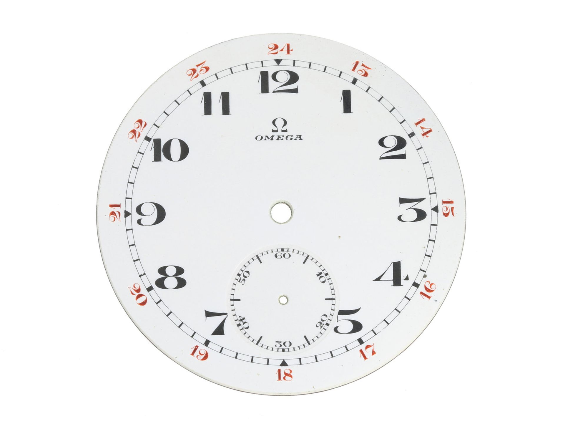 Uhren/Zubehör: Taschenuhr-Zifferblatt für großes Omega Chronometer C.47.7Ca. Ø48,30mm, Emaille,