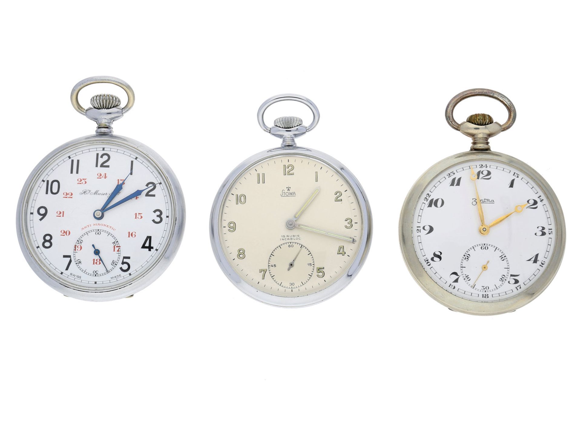 Taschenuhr: Konvolut von 3 sehr schön erhaltenen Taschenuhren, ca.1930-1950, Henry Moser, Stowa &
