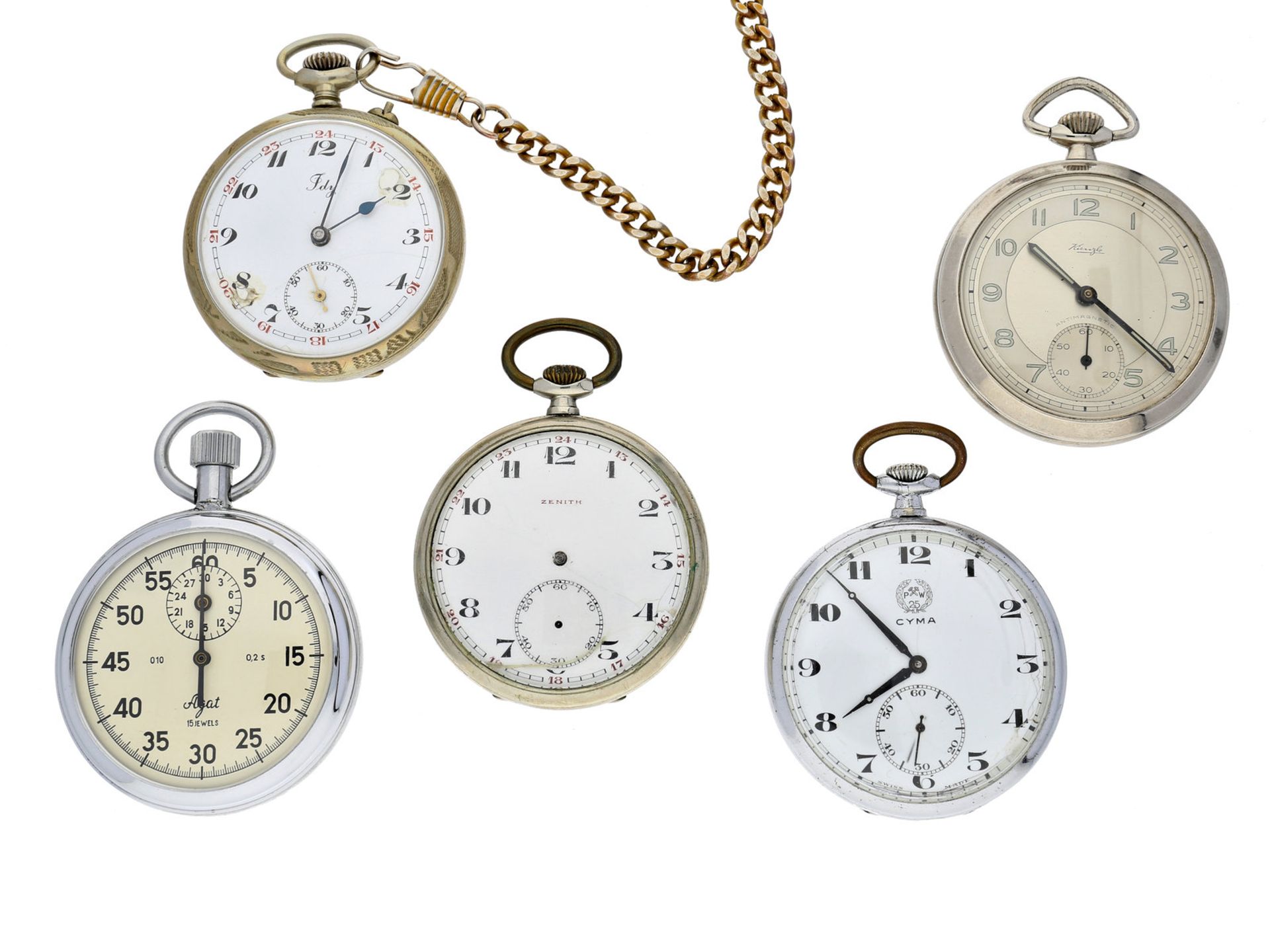 Taschenuhr: Konvolut von 5 alten Taschenuhren/Stoppuhren, ca. 1920-1950Unterschiedliche Materialien,