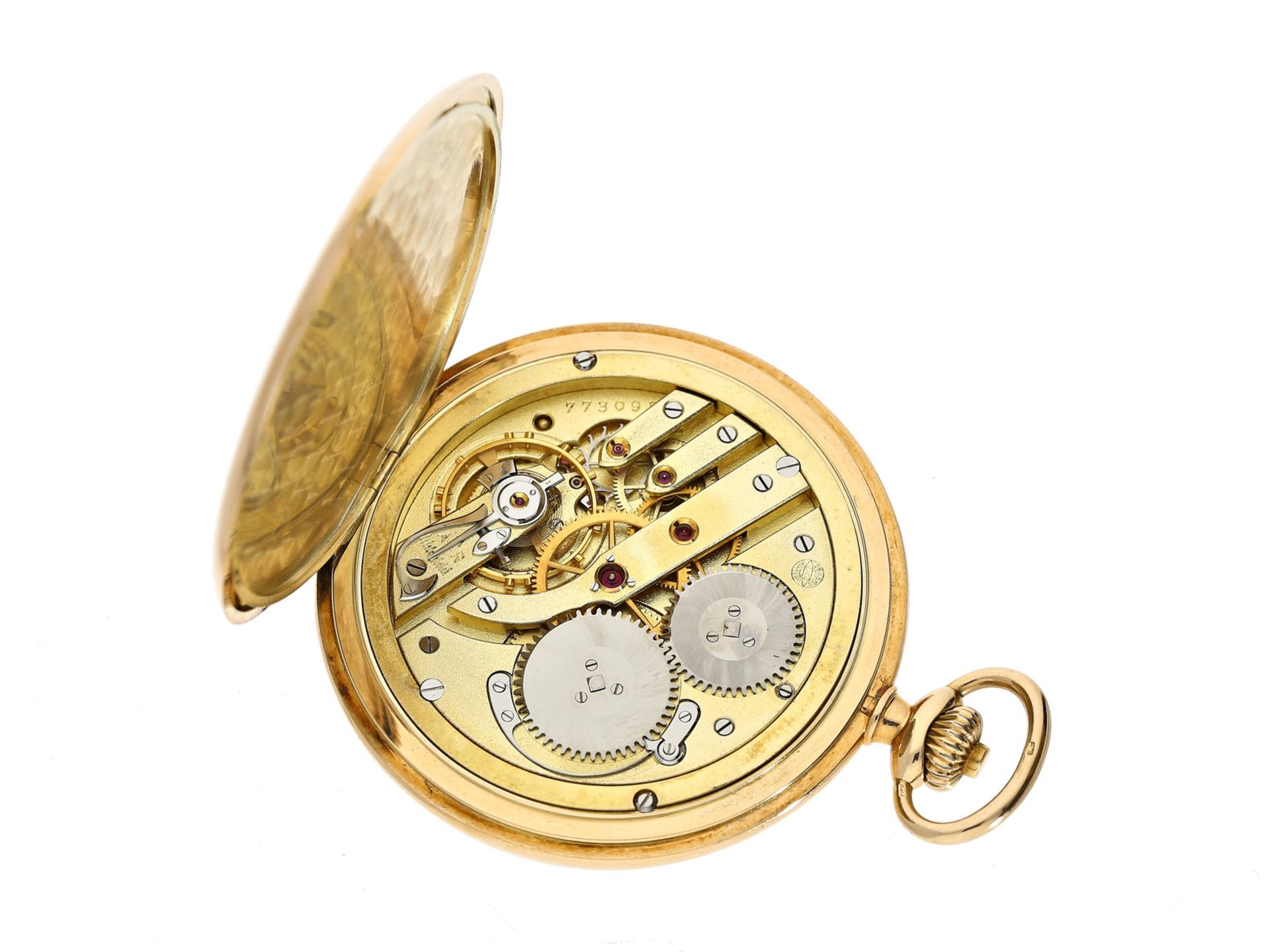 Taschenuhr: seltene, extra flache IWC Goldsavonnette, verkauft 1924, mit StammbuchauszugCa. Ø49mm, - Image 2 of 2