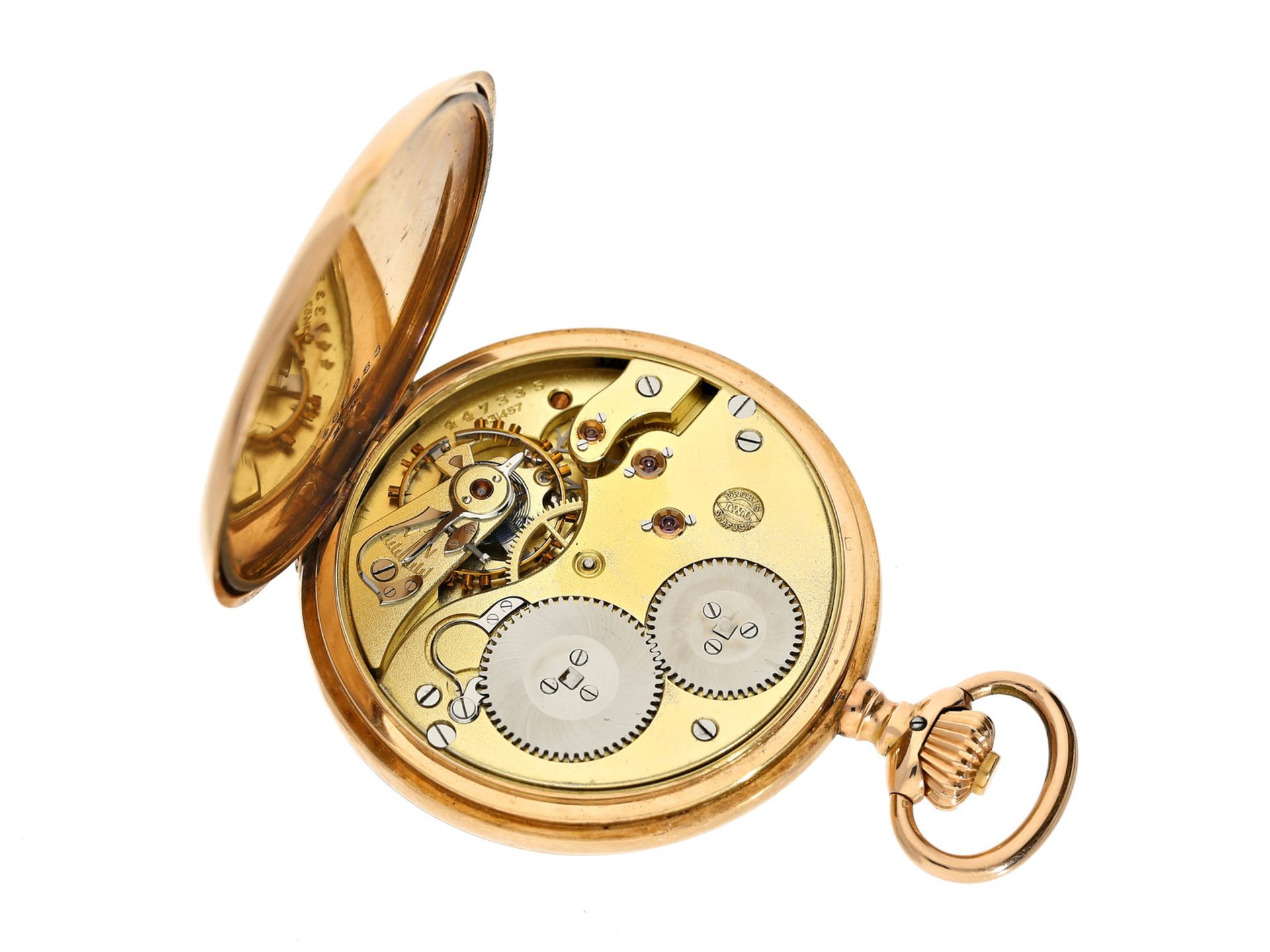 Taschenuhr: klassische 14K Gold Savonnette der Marke IWC, aus dem Jahr 1910, mit - Bild 3 aus 3