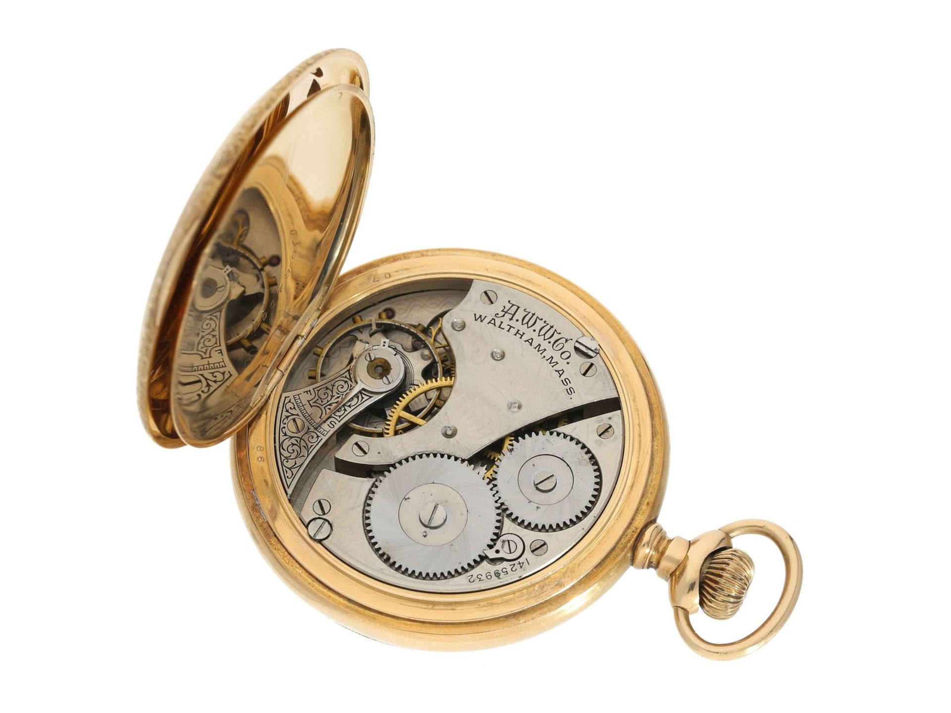 Taschenuhr: schwere amerikanische Goldsavonnette, Marke WalthamCa. Ø52mm, ca. 109g, 14K Gold, - Bild 3 aus 4