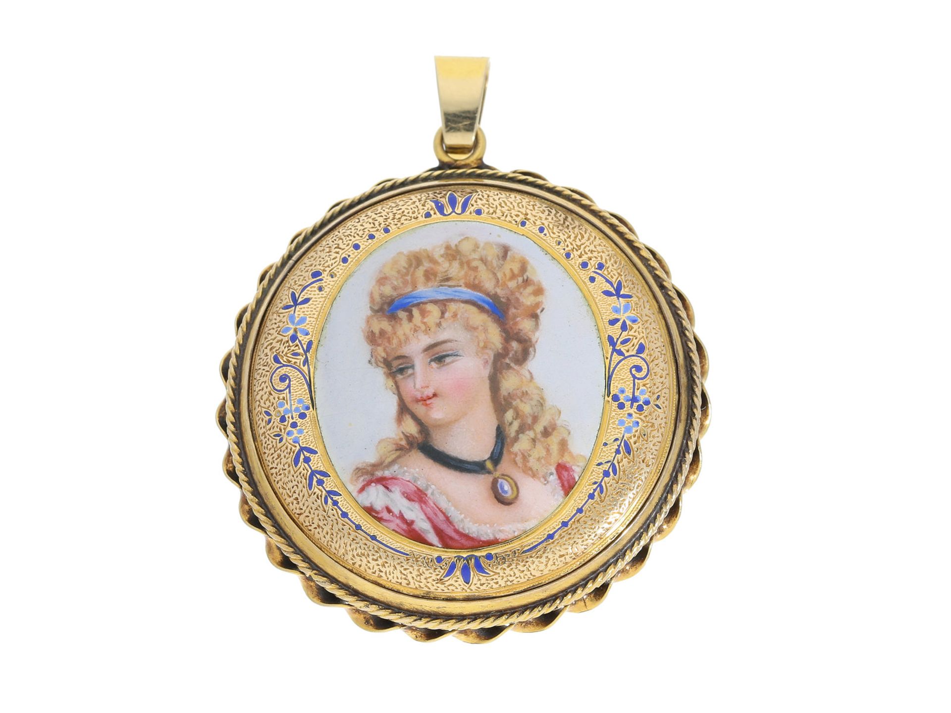 Anhänger: antiker Anhänger mit Emaille-Lupenmalerei, 19.Jh.Ca. Ø40mm, ca. 12g, Gelbgold,