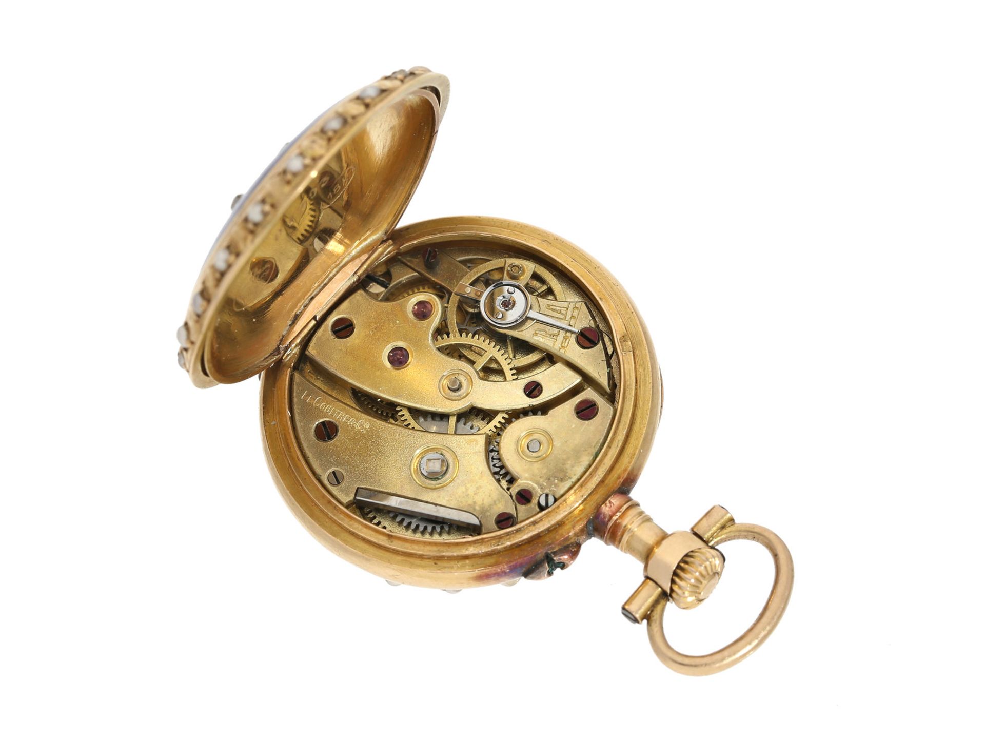 Taschenuhr/Anhängeuhr: seltene Gold/Emaille-Miniatur-Damenuhr mit Perlen- und Diamantbesatz und - Bild 3 aus 3