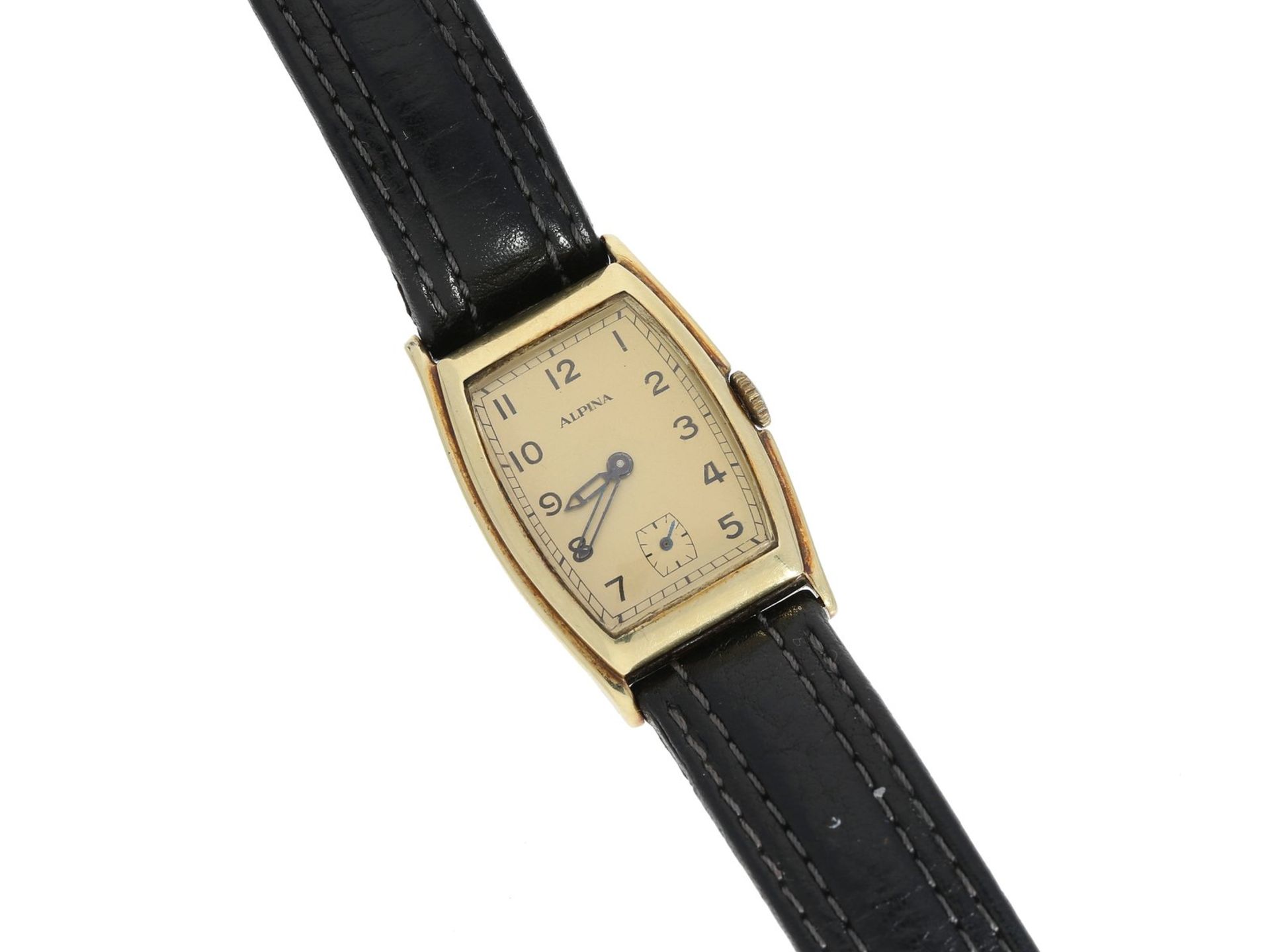 Armbanduhr: frühe Alpina Herrenuhr, Tonneau-Gehäuse, Kaliber 847 in 14K Gold, 30er JahreCa. 24 x