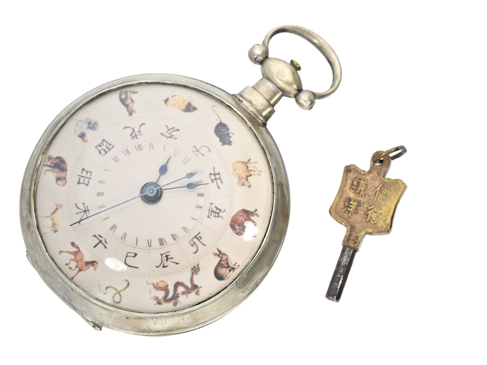 Taschenuhr: seltene Taschenuhr für den chinesischen Markt mit Originalschlüssel, ca.1860Ca. Ø54mm,