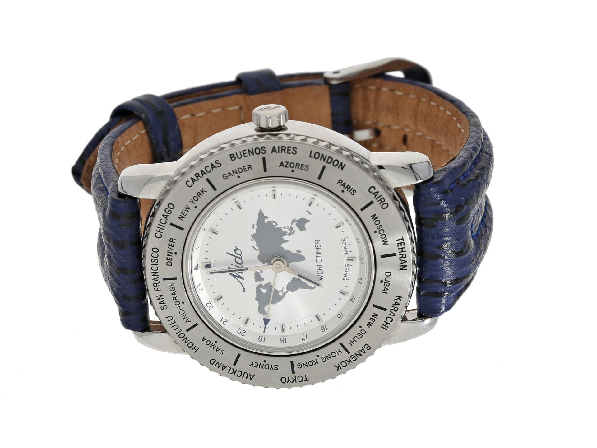 Armbanduhr: Herrenarmbanduhr "Mido Worldtimer"Ca. Ø39mm, Edelstahl, verschraubter Boden, Saphirglas,