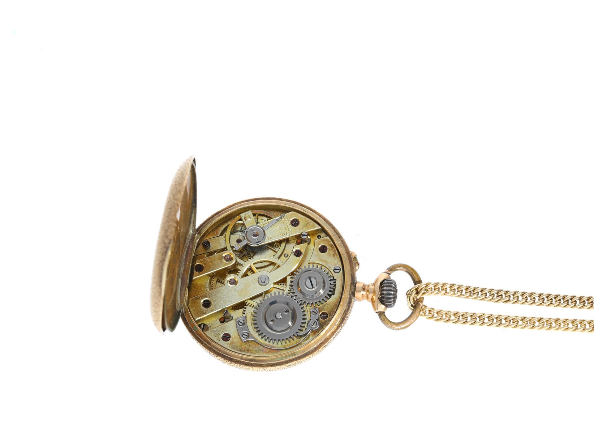 Taschenuhr/Anhängeuhr: goldene Damenuhr an langer goldener Halskette, um 1900Kette ca. 80cm lang, - Bild 2 aus 2