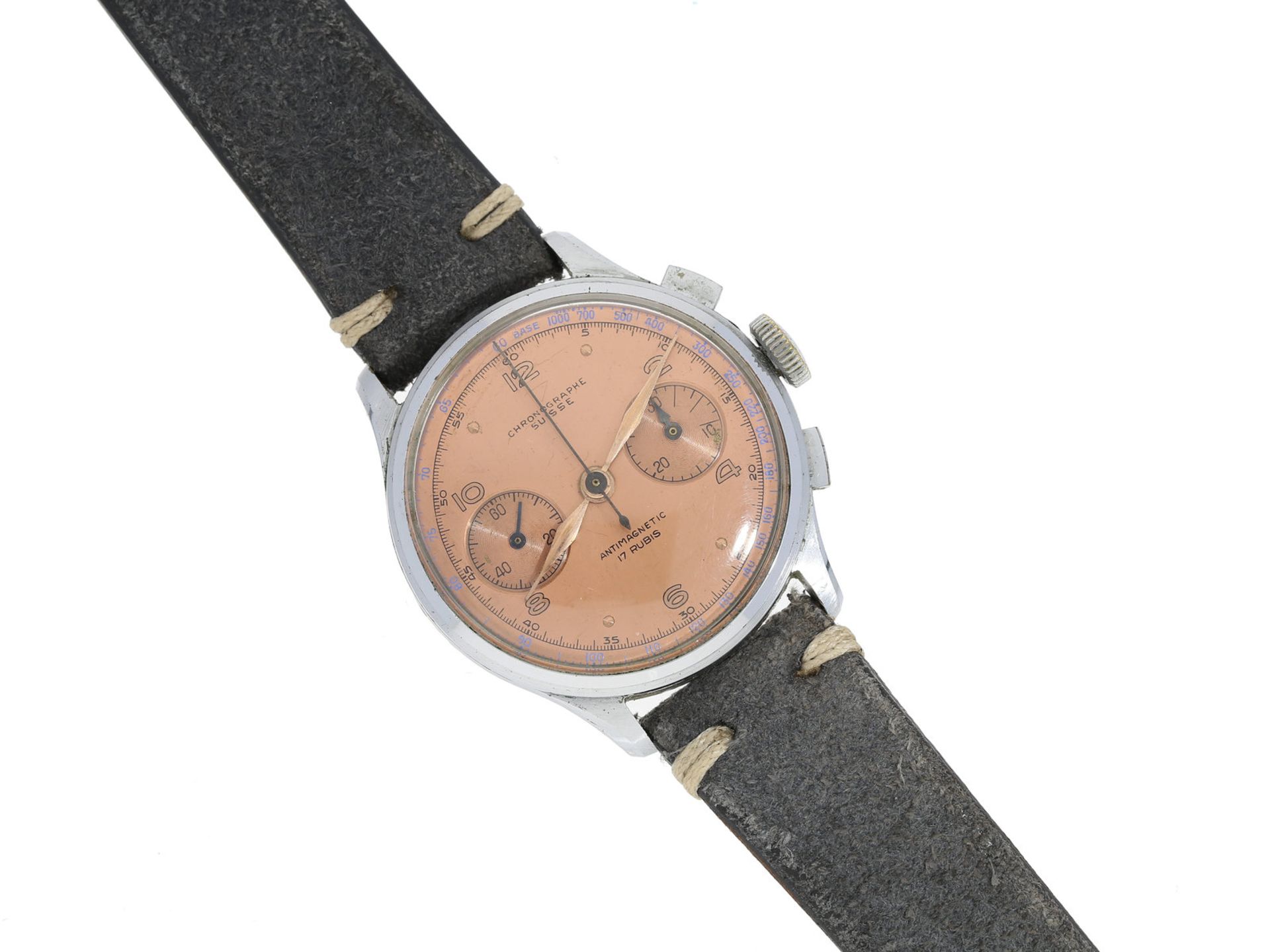 Armbanduhr: Chronographe Suisse Antimagnetique, Stahl, 40er JahreCa. Ø35mm, Stahlgehäuse,