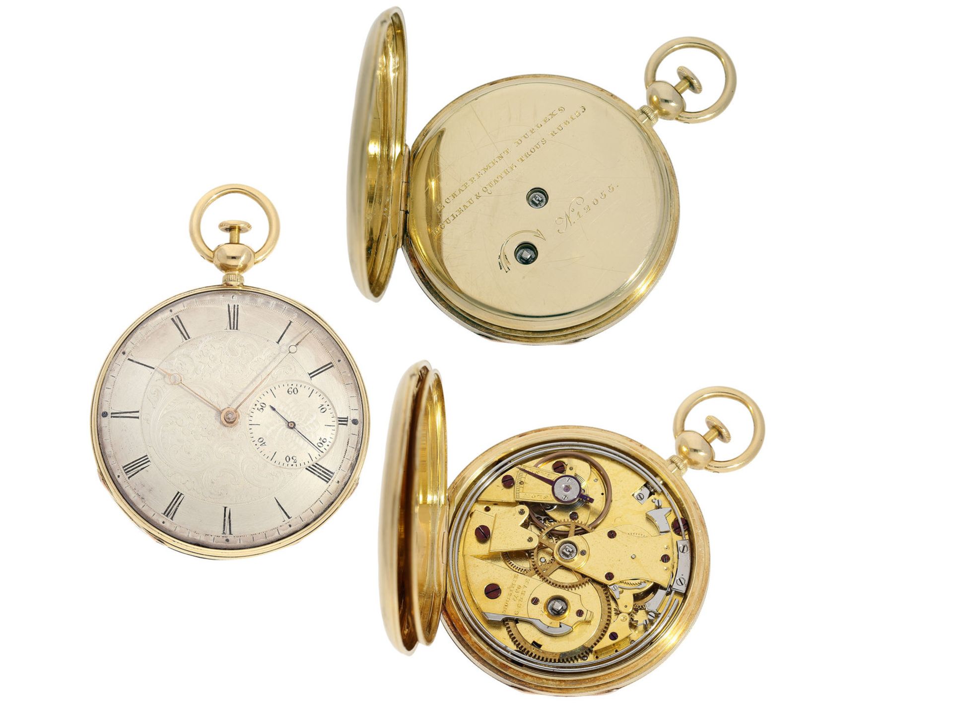 Taschenuhr: seltene und feine Taschenuhr mit Repetition und Sekunde, signiert Moulinie a Geneve,