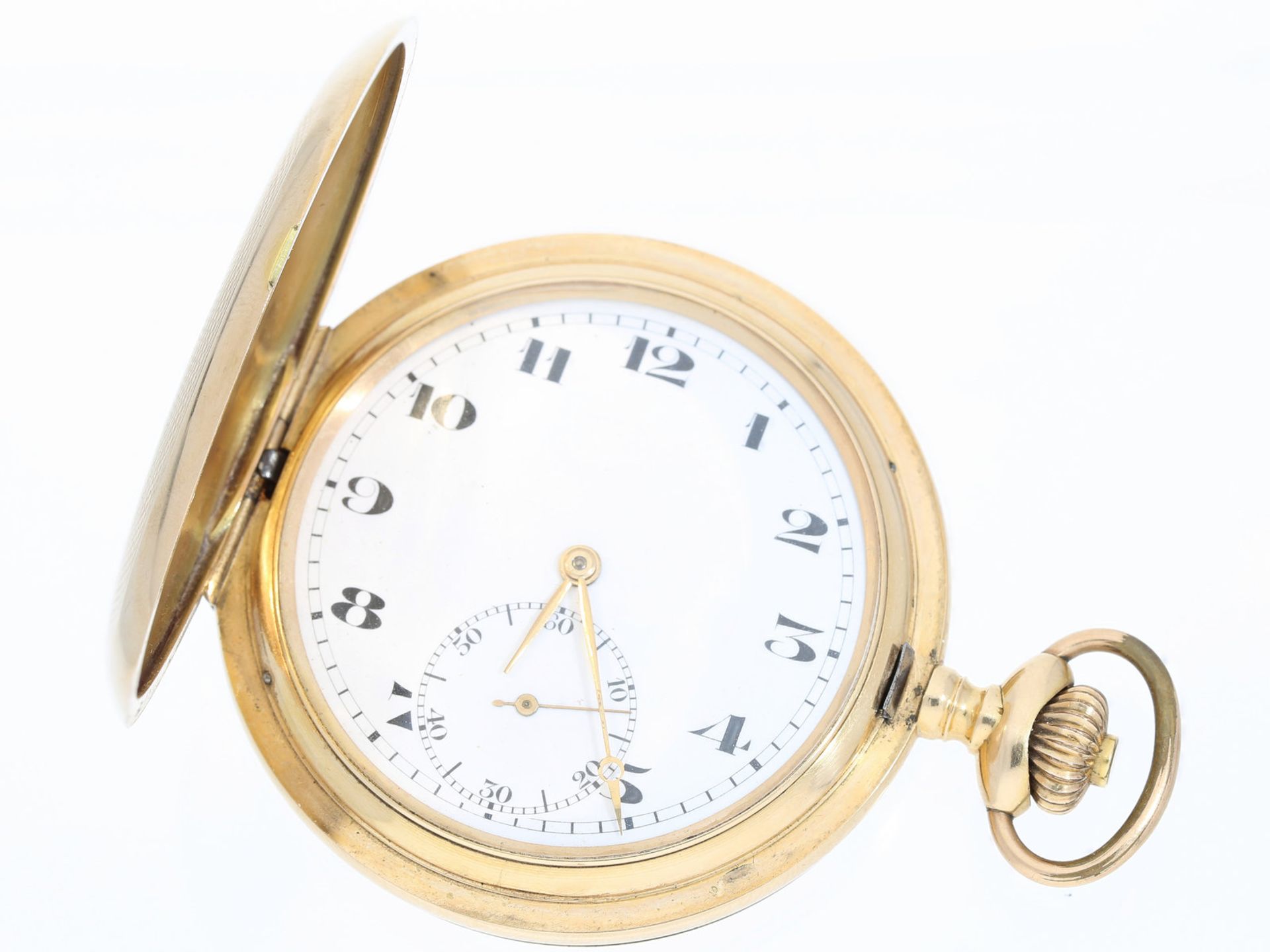 Taschenuhr: feine 14K Gold Savonnette mit Emaillezifferblatt, Schweiz ca. 1915Ca. Ø53mm, ca. 89,