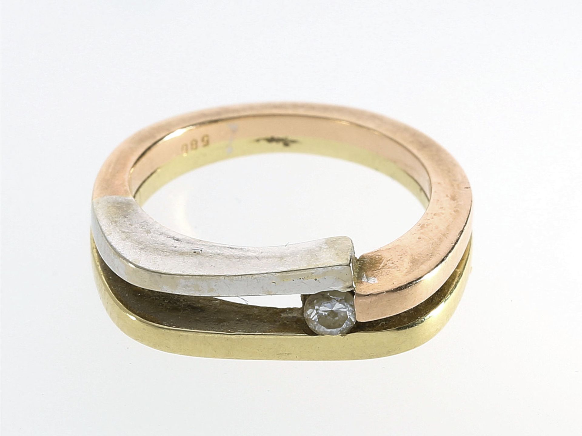 Ring: vintage Tricolor-Goldschmiedering mit farblosem SteinCa. Ø17mm, RG53, ca. 7,1g, 14K Gold,