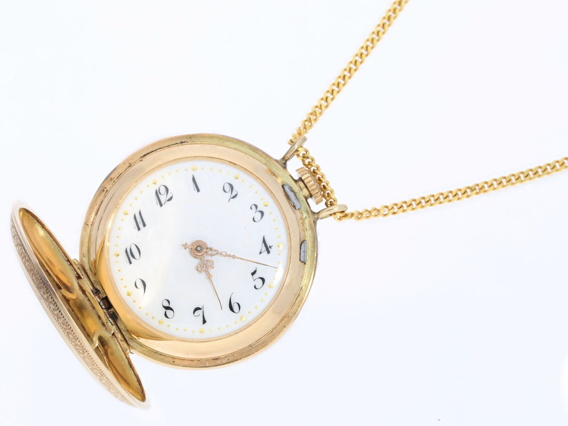 Taschenuhr/Anhängeruhr: äußerst feine 14K Gold Anhängeruhr/Savonnette mit langer Goldkette,