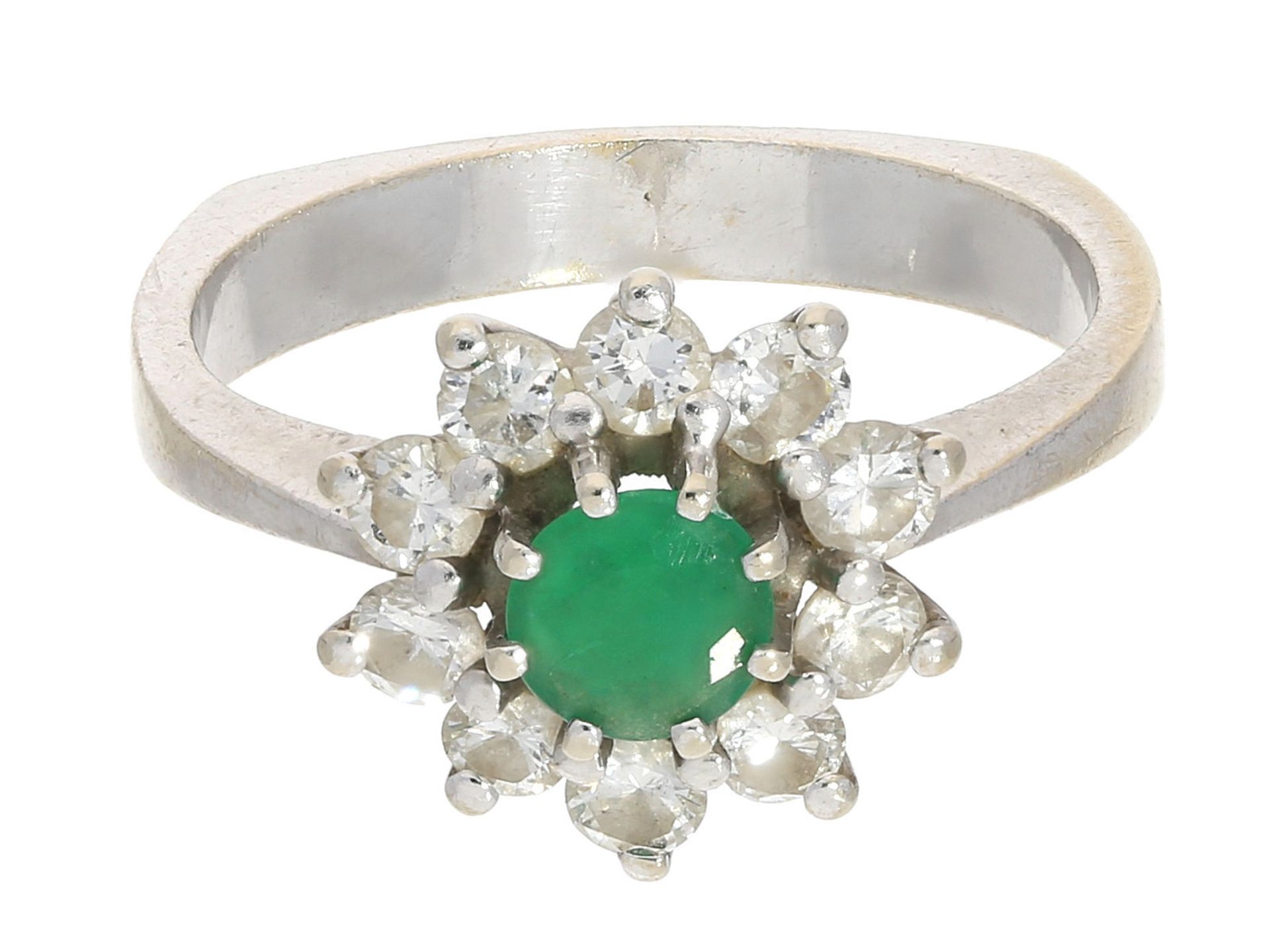 Ring: weißgoldener vintage Smaragd/Brillant-Blütenring, ca. 0,6ct BrillantenCa. Ø16,5mm, RG52, ca.