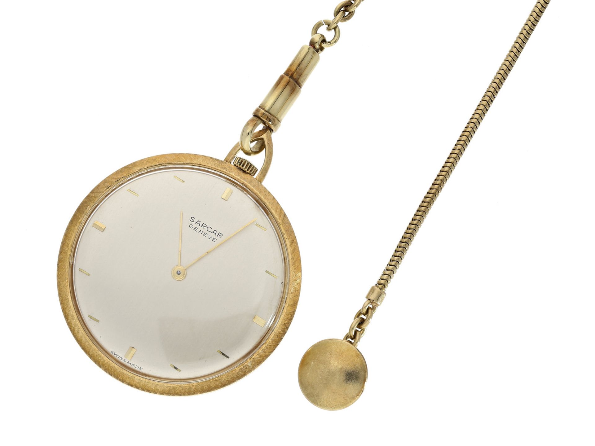 Taschenuhr: elegante und sehr flache 14K Gold Frackuhr der Marke Sarcar Geneve, mit goldener