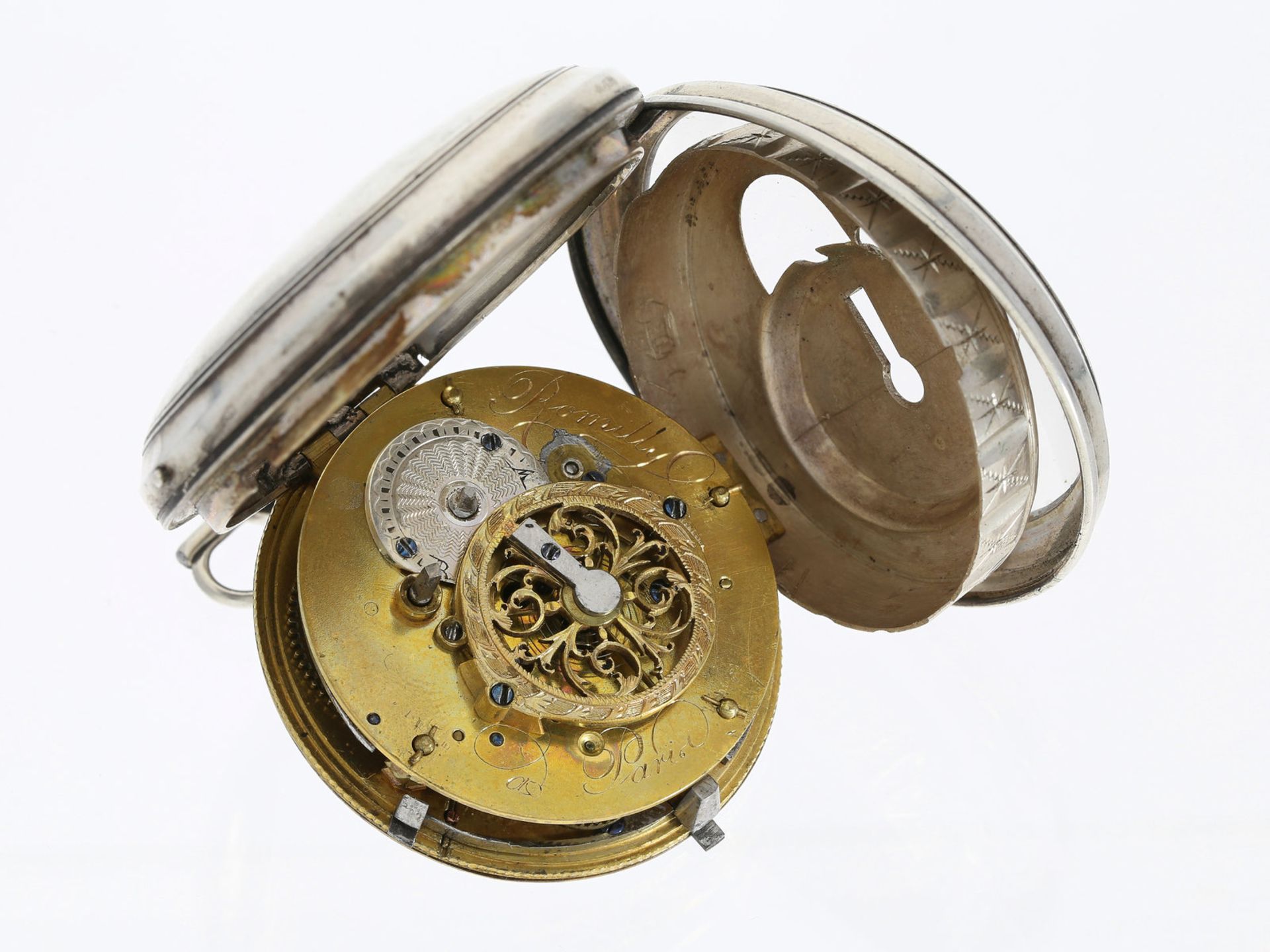 Taschenuhr: frühe silberne Spindeltaschenuhr mit Datum, Romilly a Paris, Frankreich ca. 1800Ca. - Image 3 of 3