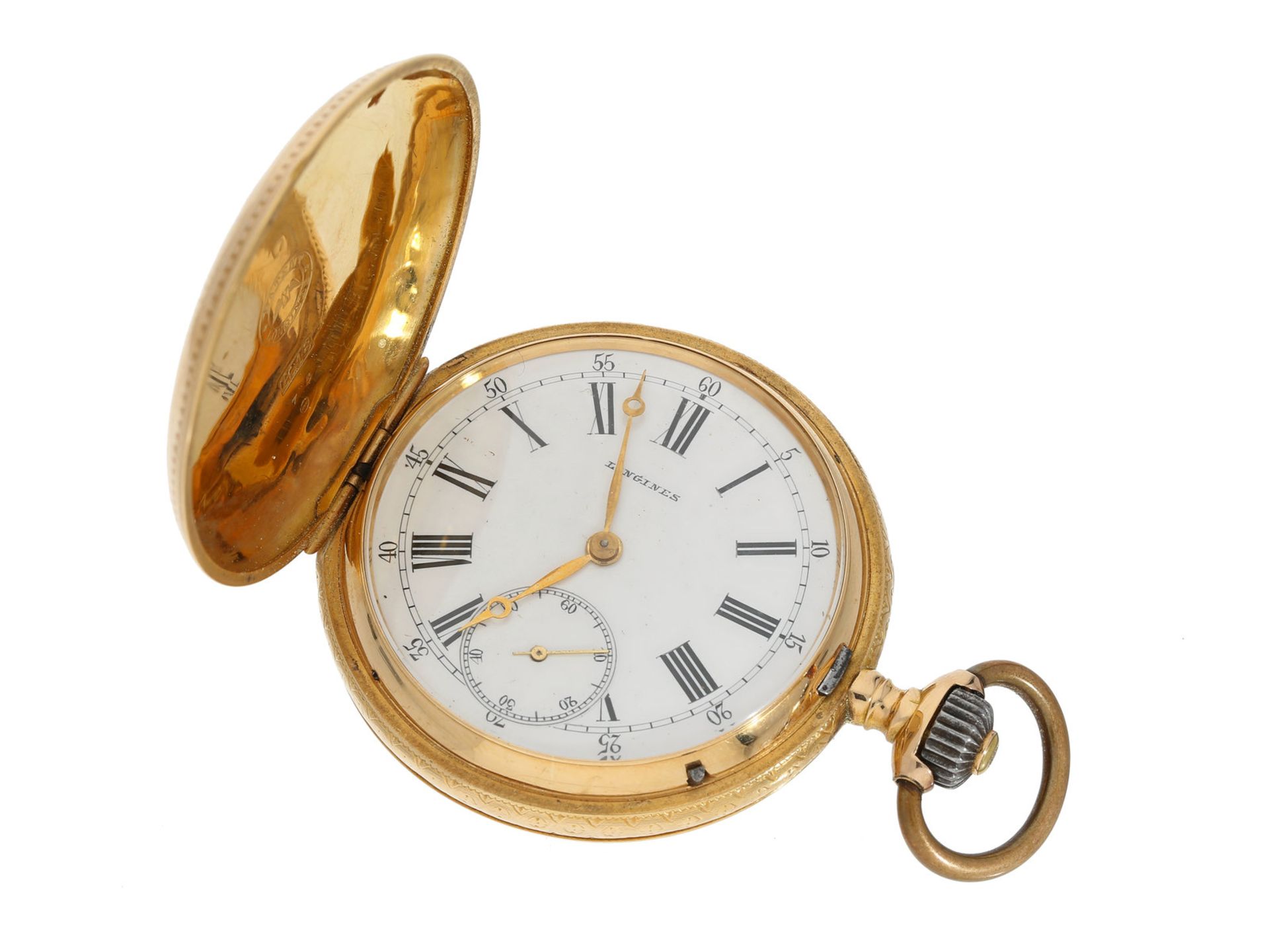 Taschenuhr: sehr seltene Longines Jugendstil Savonnette in 18K Gold, ca. 1890Ca. Ø47mm, ca. 82g, 18K