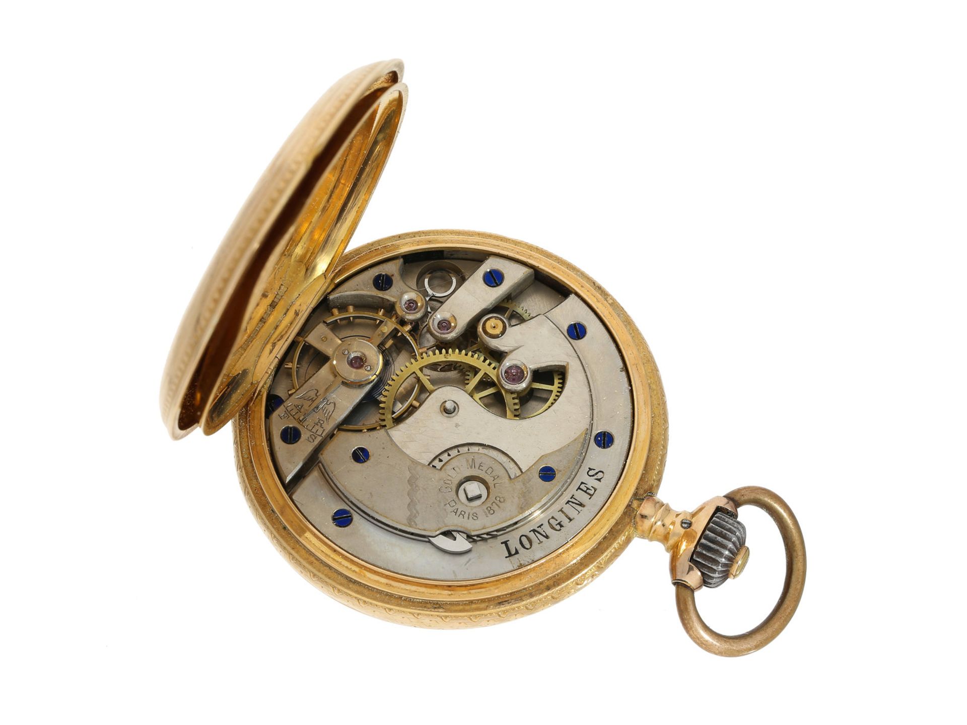 Taschenuhr: sehr seltene Longines Jugendstil Savonnette in 18K Gold, ca. 1890Ca. Ø47mm, ca. 82g, 18K - Image 3 of 3