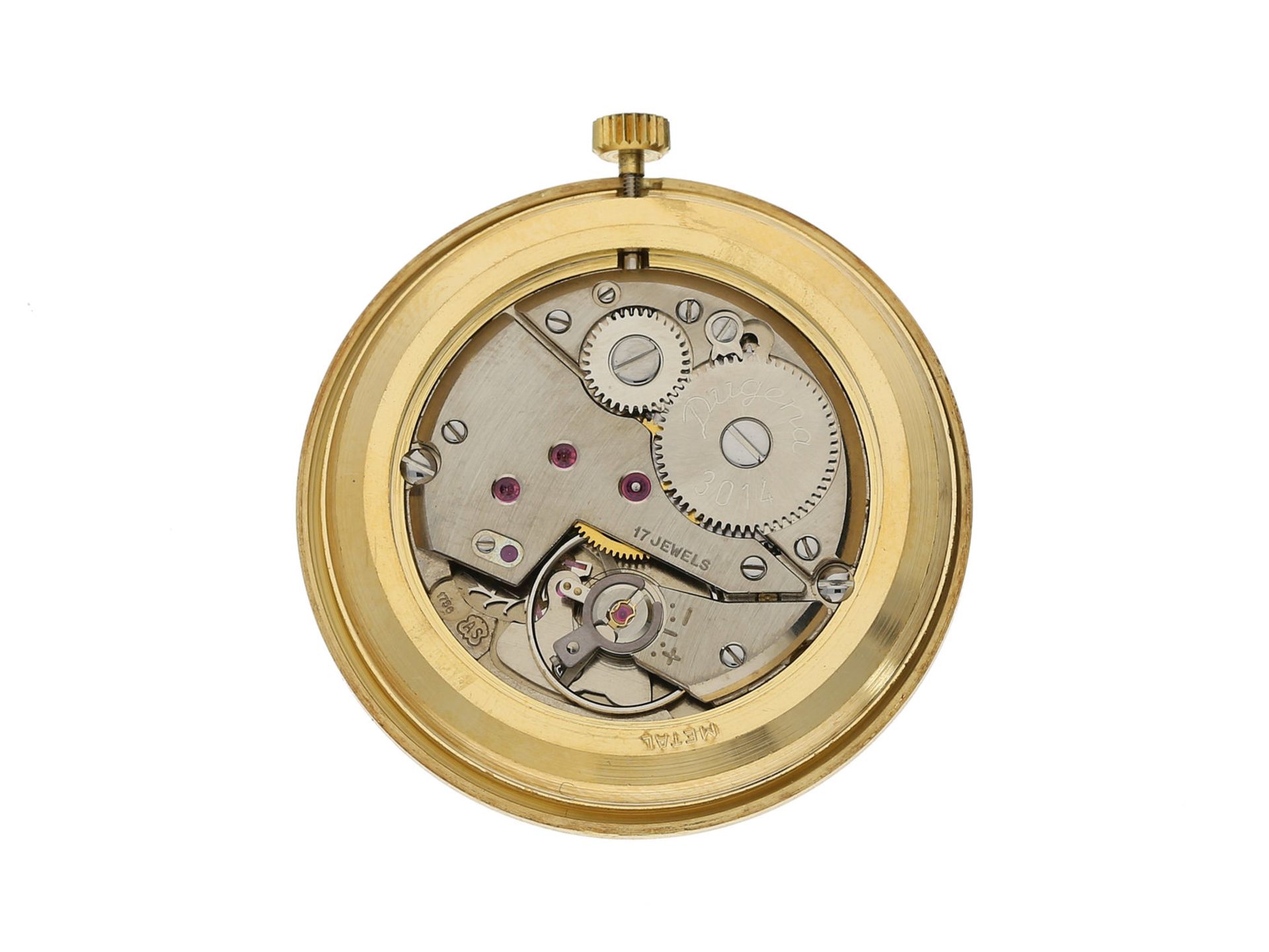 Taschenuhr: vintage Frackuhr der Marke Dugena an langer goldener Uhrenkette, ca. 1960Ca. Ø34mm, - Image 2 of 2