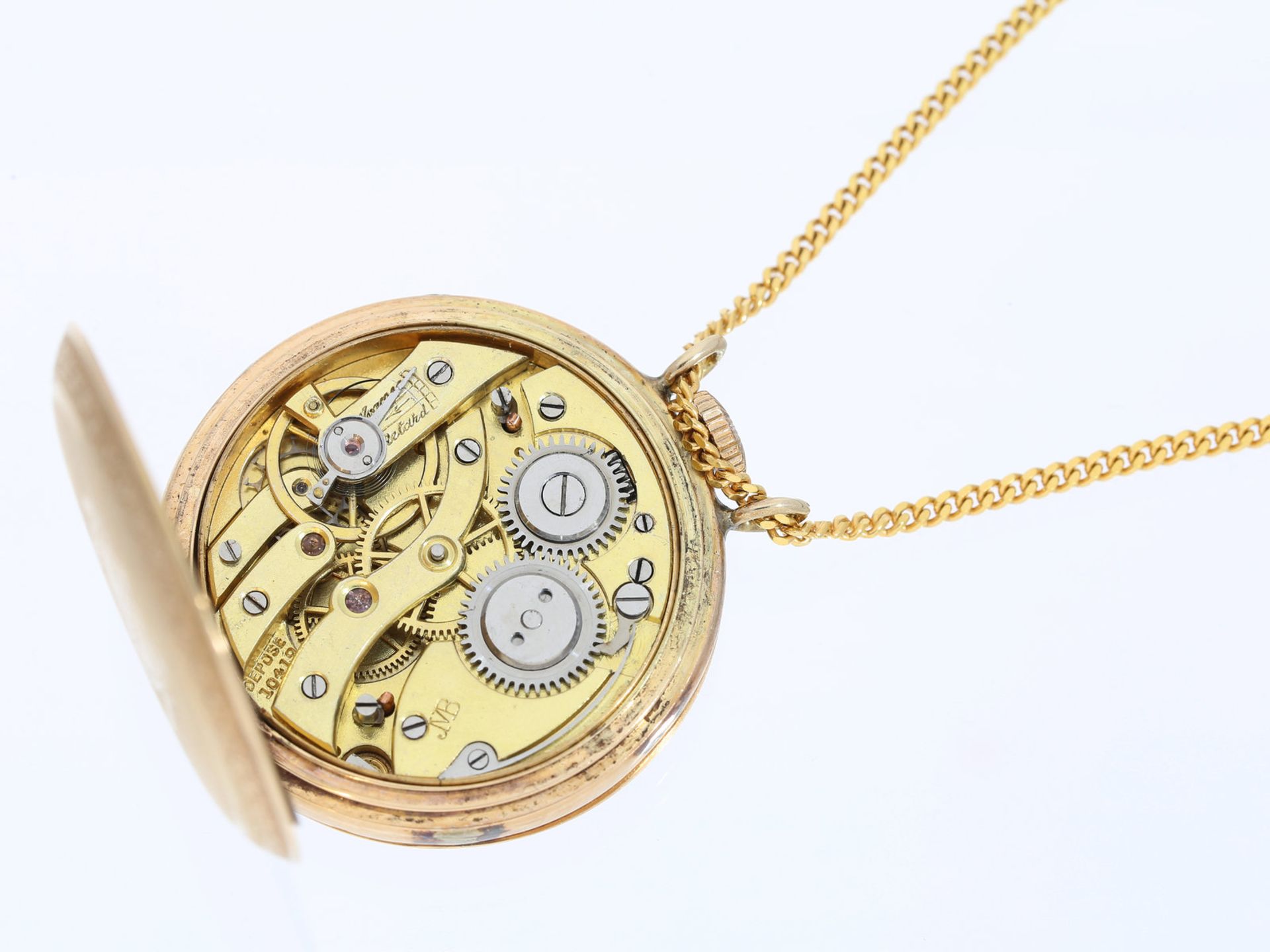 Taschenuhr/Anhängeruhr: äußerst feine 14K Gold Anhängeruhr/Savonnette mit langer Goldkette, - Bild 3 aus 3