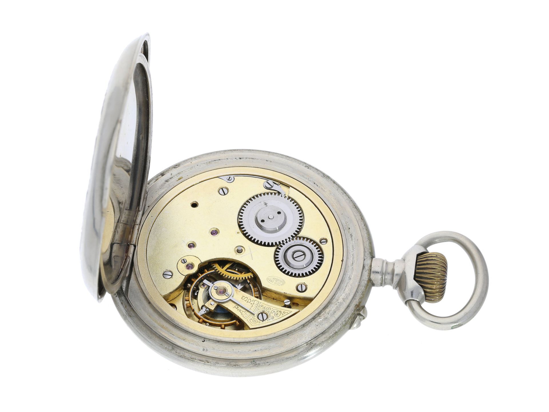 Taschenuhr: ungewöhnliche, extrem schwere Eisenbahneruhr von Saxonia Dresden, um 1900Ca. Ø66mm, - Bild 3 aus 3