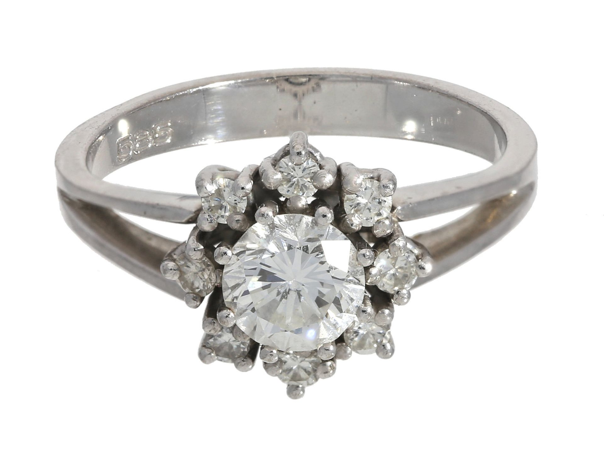 Ring: dekorativer vintage Brillant-Blütenring mit schönem Mittelstein, ca. 0,89ctCa. Ø17mm, RG54,