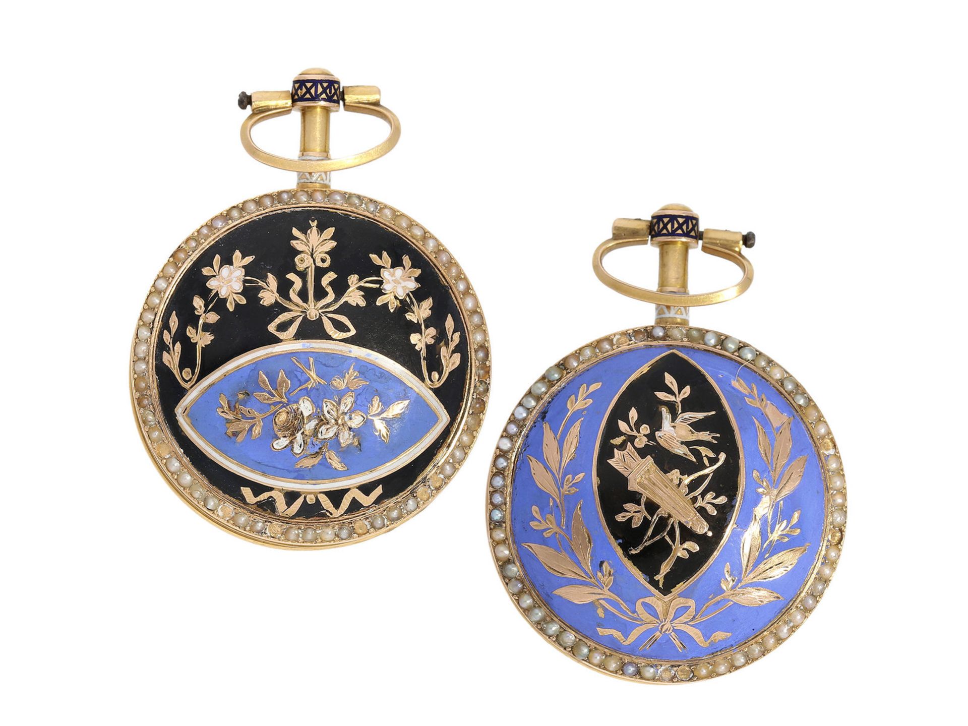 Taschenuhr/Anhängeruhr, dekorative Gold/Emaille Damensavonnette mit chinesischen Motiven und