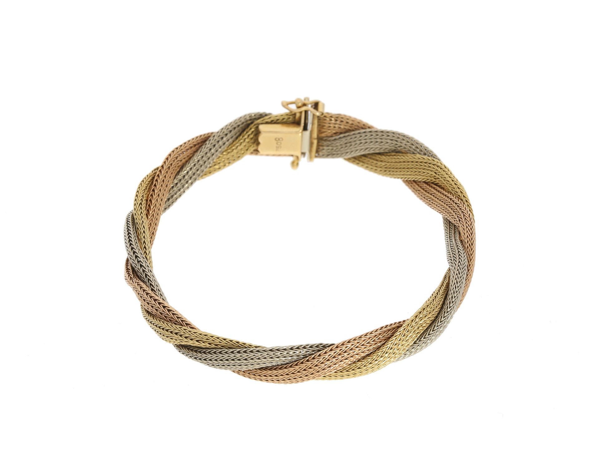 Armreif: ausgefallenes 18K Tricolor-Armband, vintage HandarbeitCa. 19cm lang, ca. 21g, 18K Gold,