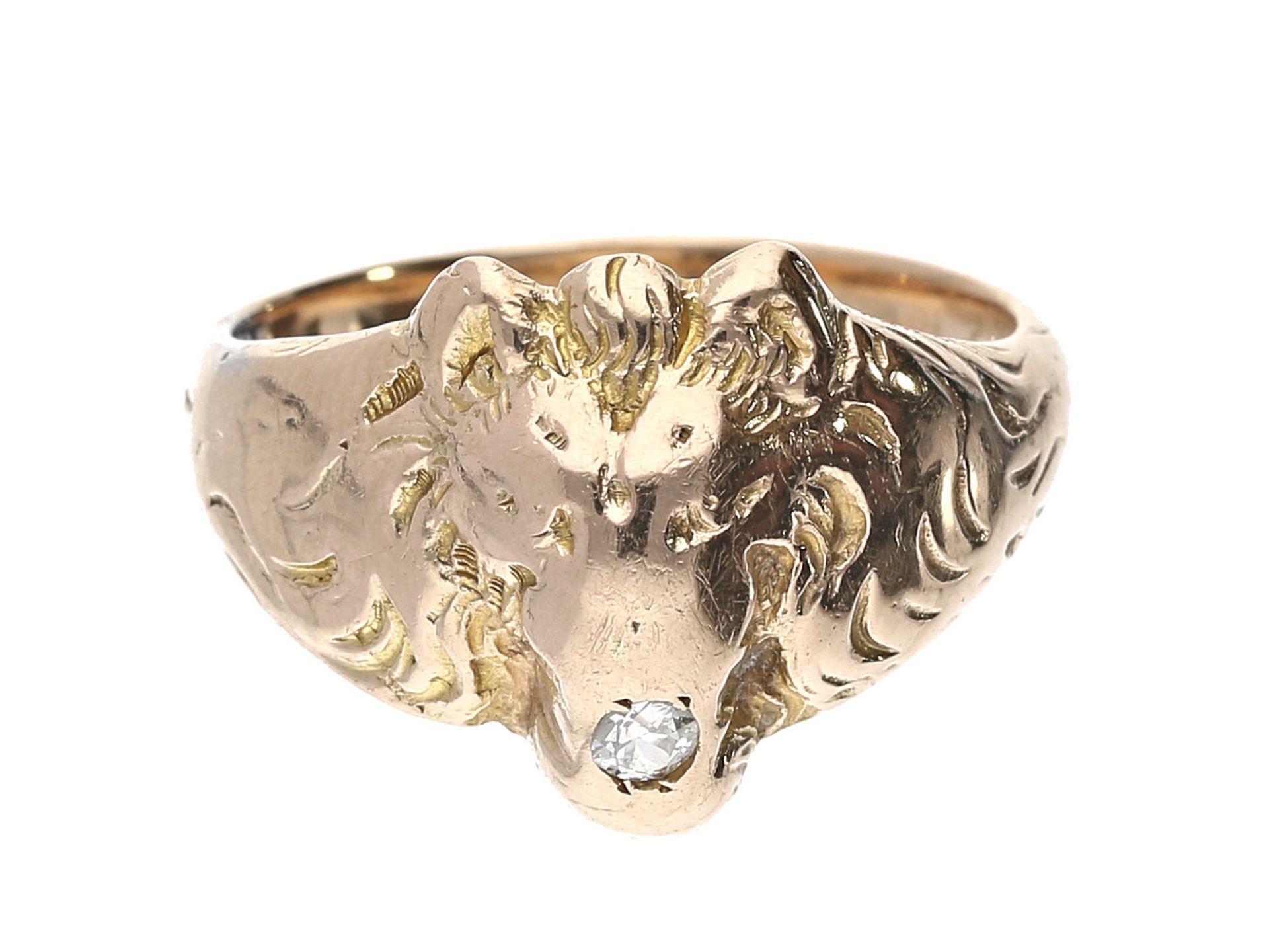 Ring: außergewöhnlicher Goldschmiede-Herrenring mit Brillant, "LÖWE"Ca. Ø19,5mm, RG61, ca. 9,5g, 14K