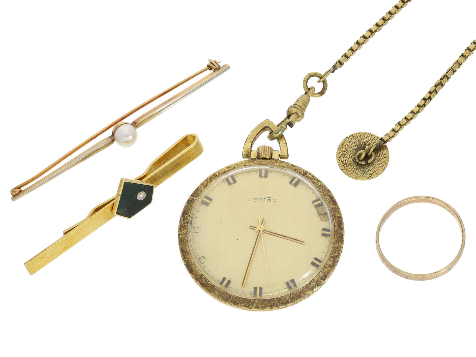 Taschenuhr/Stabnadel/Ring: Konvolut vintage Schmuck sowie Zentra TaschenuhrKonvolut bestehend aus