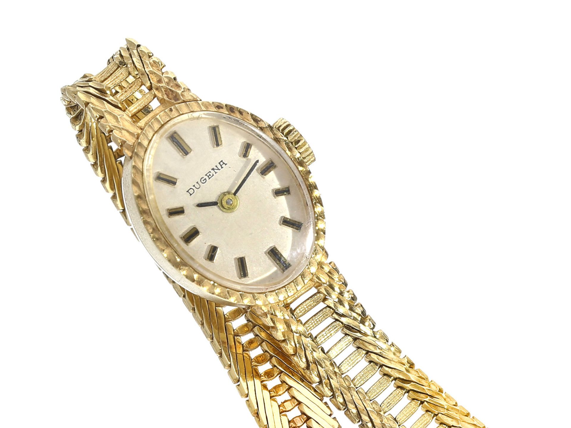 Armbanduhr: goldene vintage Damenuhr der Marke "Dugena"Ca. 17,5cm lang, ca. 20,1g, 14K Gold,