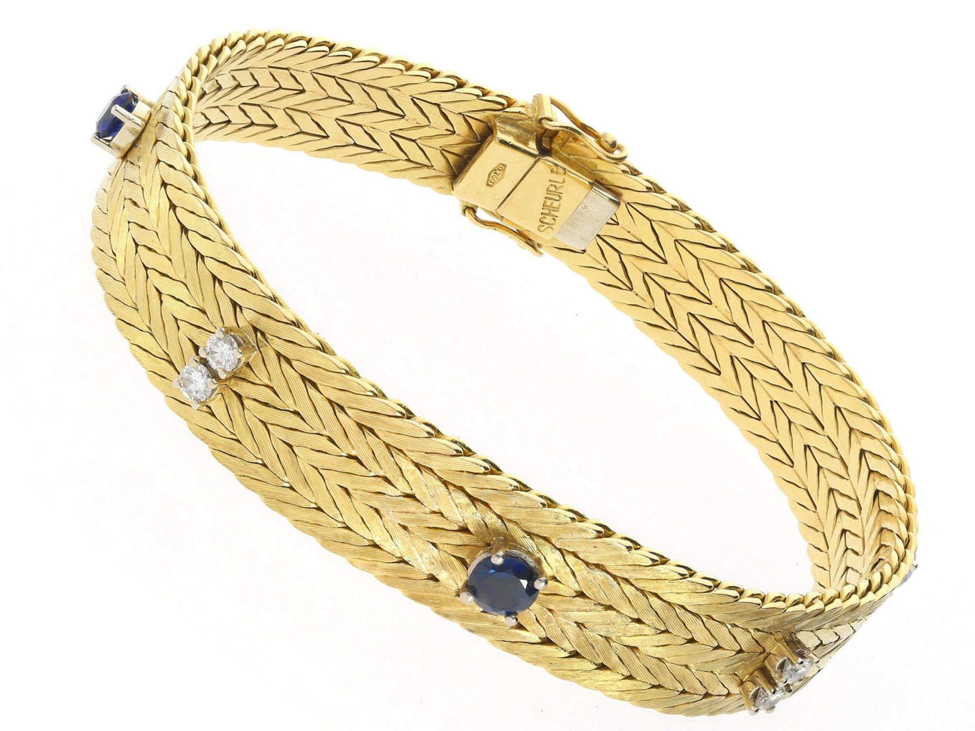 Armband: solides und sehr dekoratives vintage Saphir/Brillant-Goldschmiedearmband aus 18K