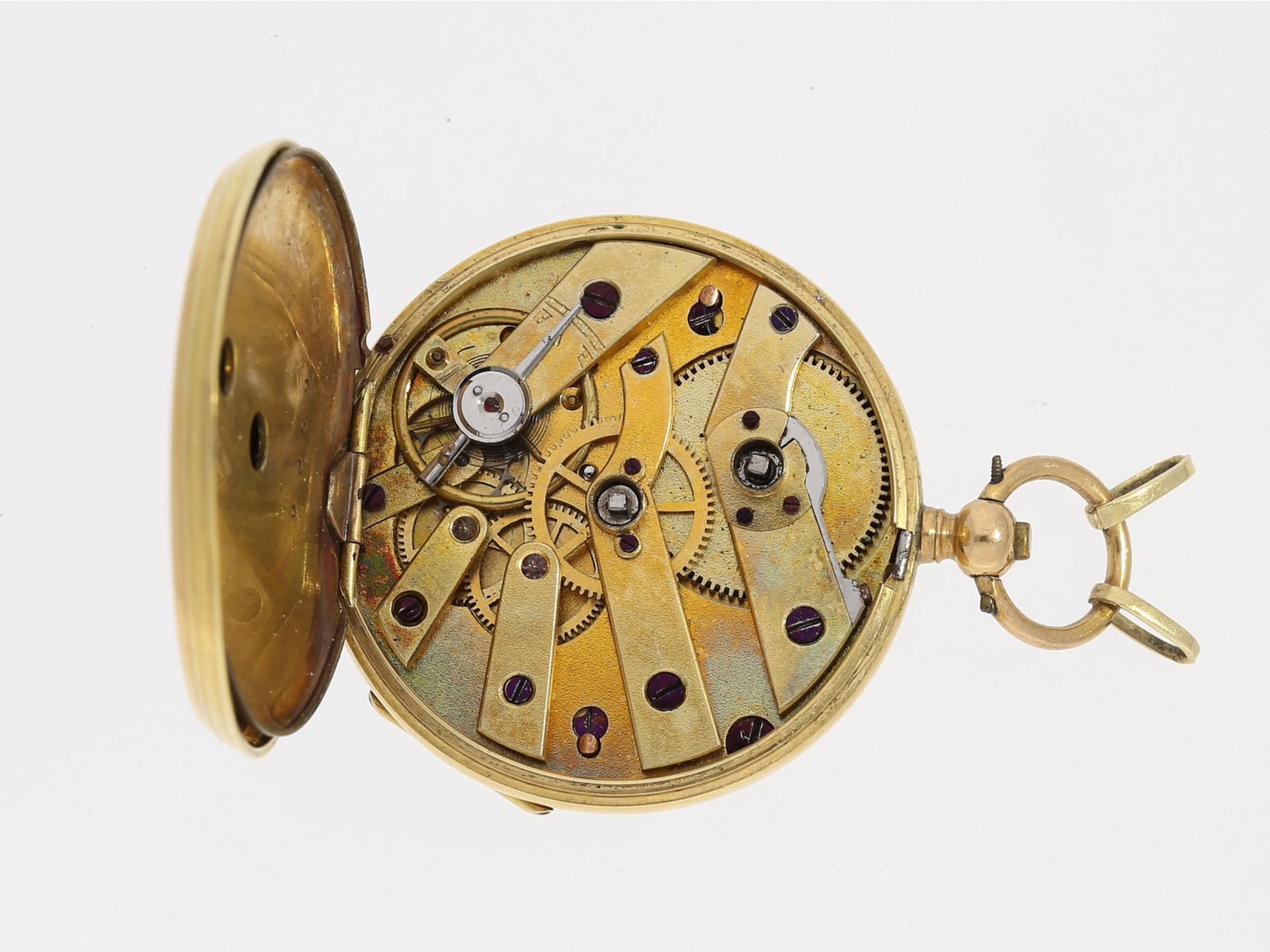 Taschenuhr/Anhängeuhr: sehr feine 18K Gold Taschenuhr/Anhängeuhr, um 1870Ca. Ø33,5mm, ca. 26g, 18K - Bild 3 aus 4