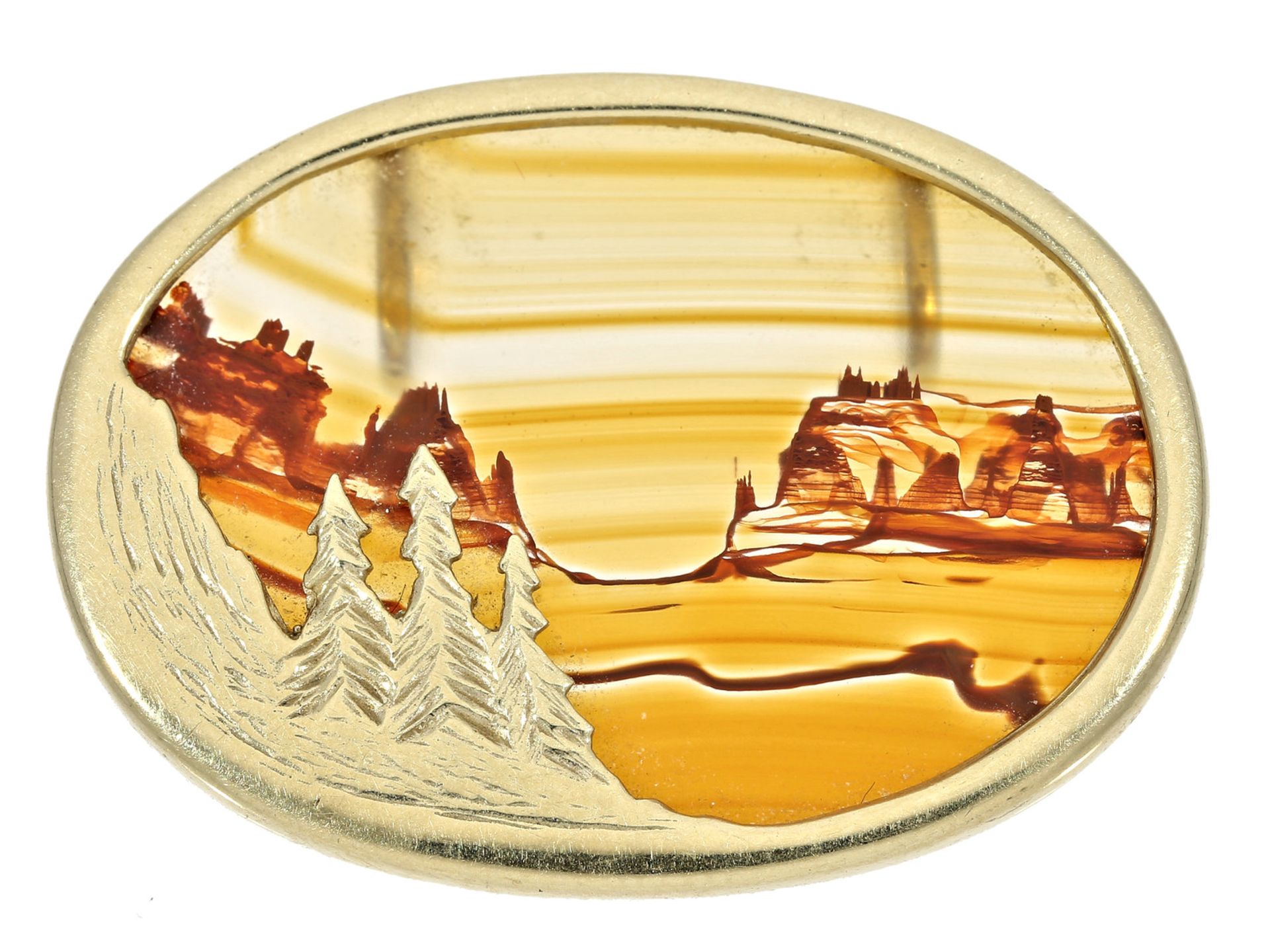 Brosche: feiner und dekorativer Landschafts-Achat-Anhänger, Goldschmiedearbeit in GoldCa. 31 × 22mm,