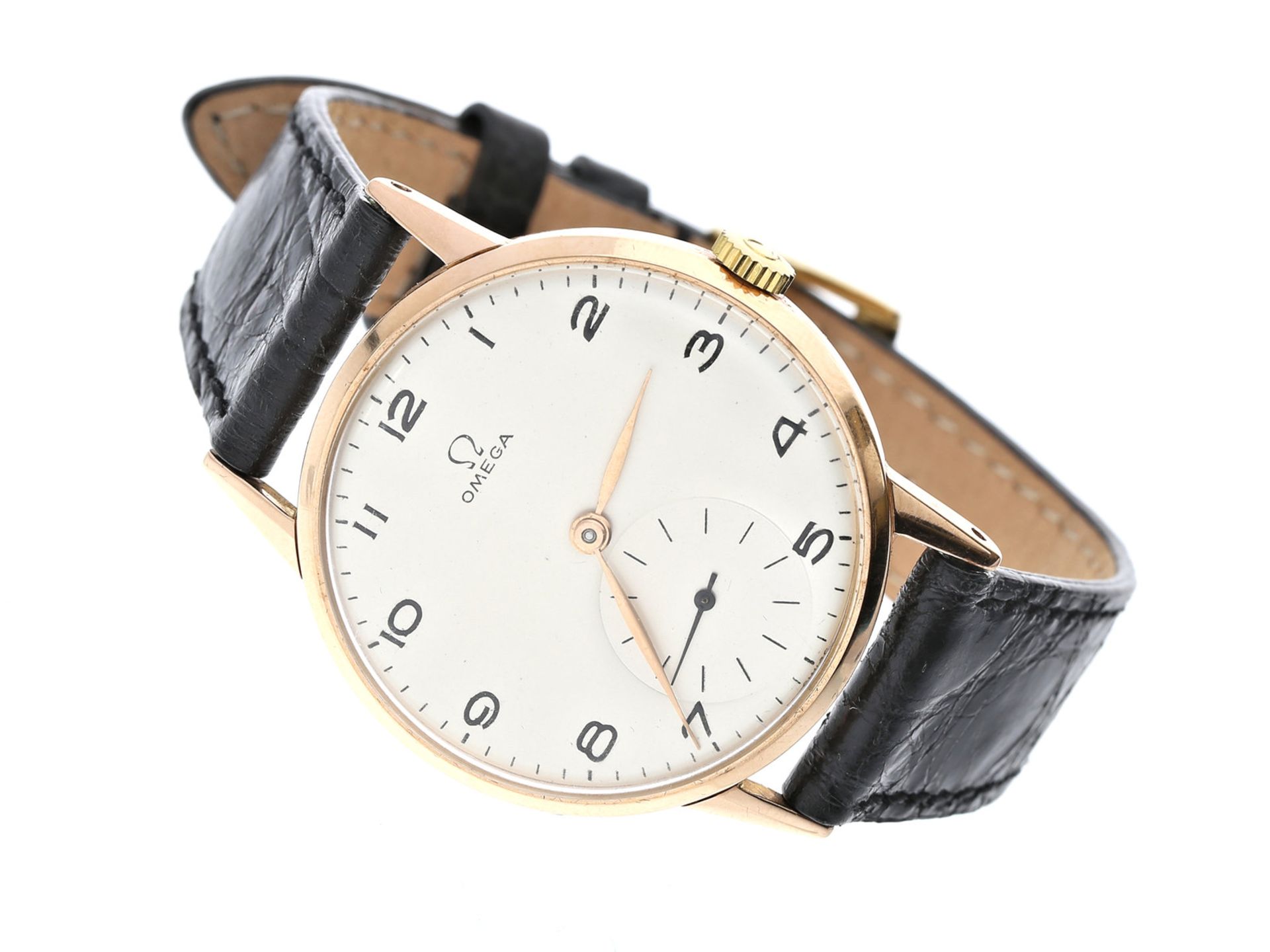 Armbanduhr: seltene, ganz frühe rotgoldene Omega Herrenuhr von 1942, Kaliber 30 T2Ca. Ø35mm, 18K
