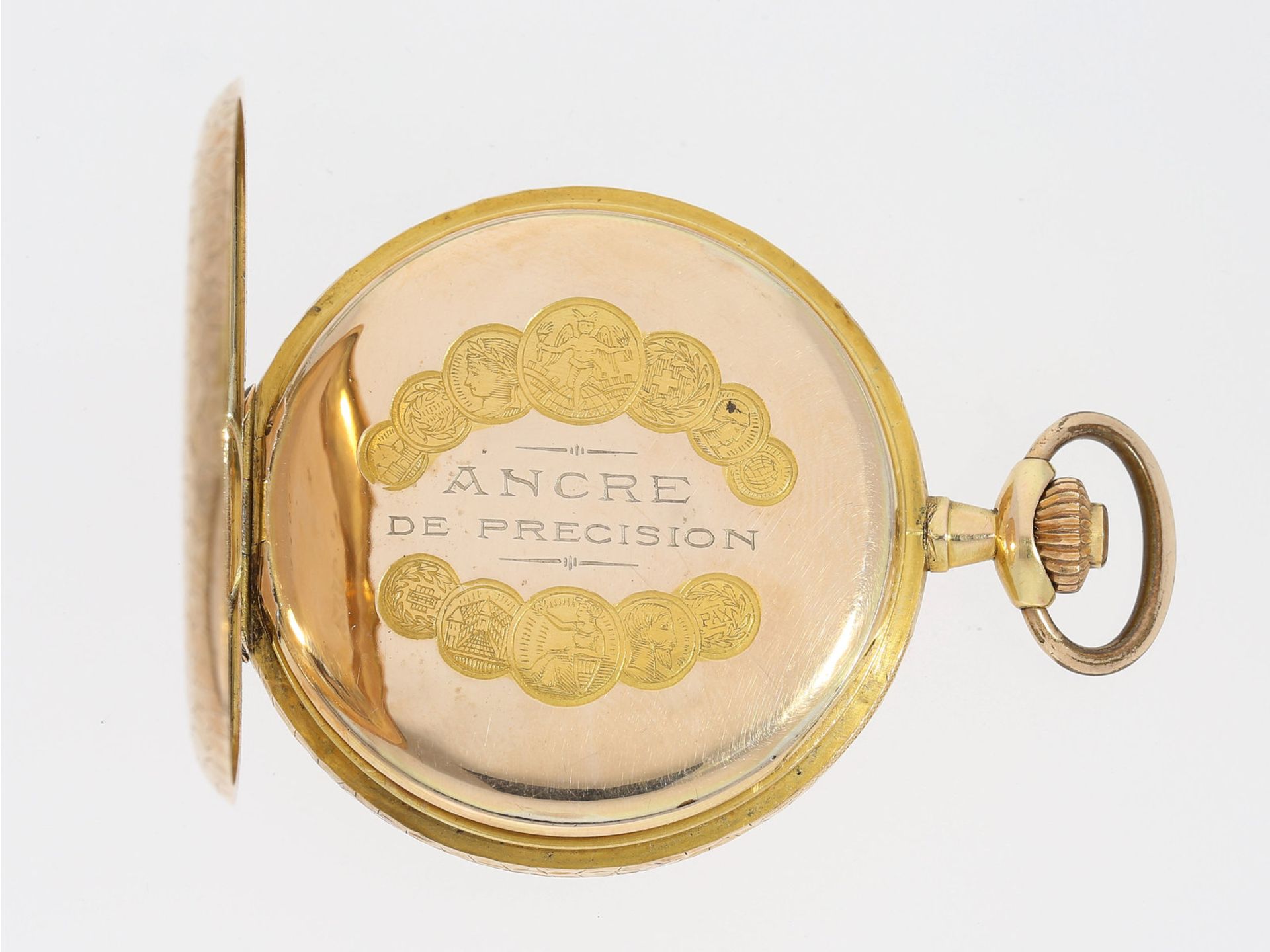 Taschenuhr: sehr schöne 14K Gold Savonnette mit ungewöhnlicher Gehäusedekoration, Schweiz ca. - Bild 5 aus 5