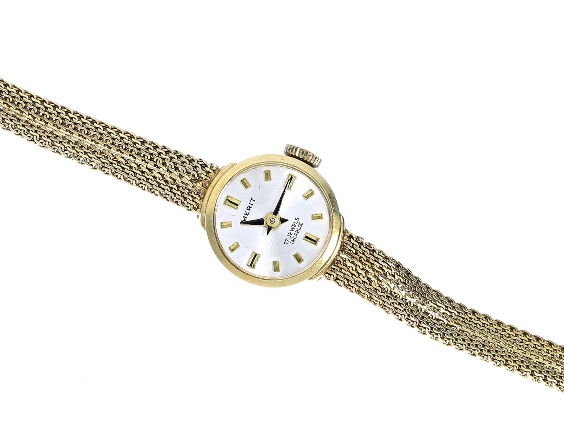 Armbanduhr: vintage Damenuhr, um 1970, 14K GoldCa. Ø15mm, ca. 17cm lang, ca. 11g, 14K Gold, Glas