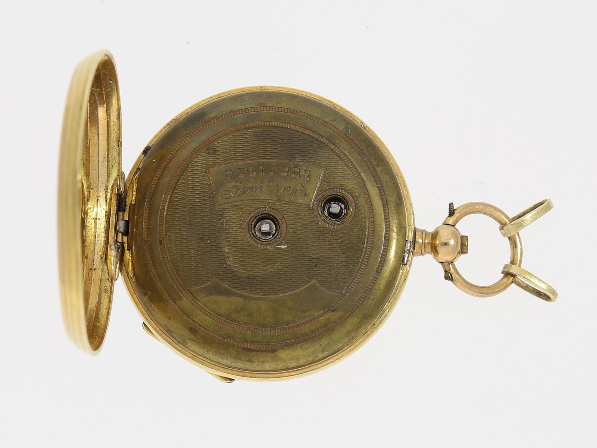 Taschenuhr/Anhängeuhr: sehr feine 18K Gold Taschenuhr/Anhängeuhr, um 1870Ca. Ø33,5mm, ca. 26g, 18K - Bild 4 aus 4