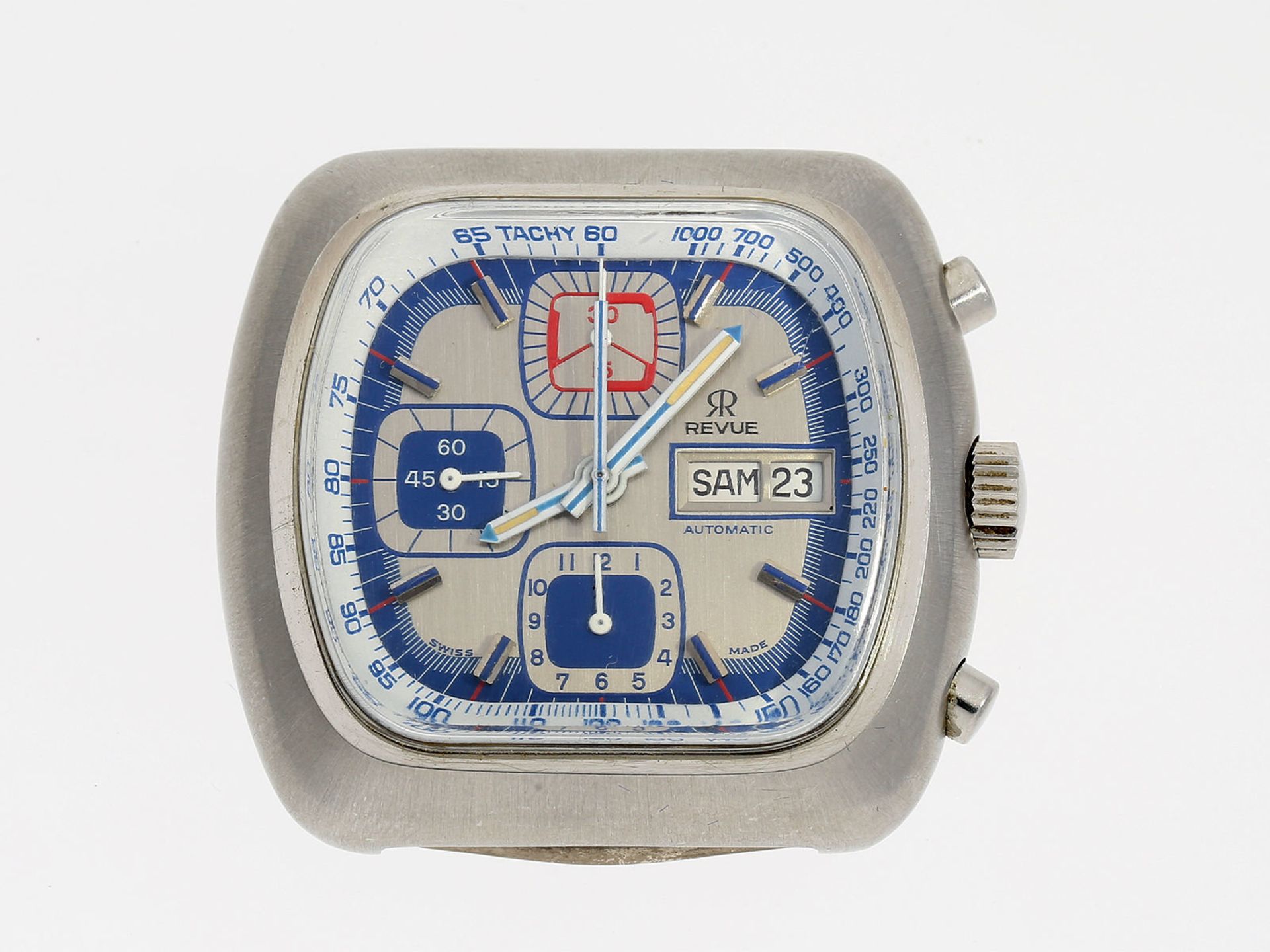 Armbanduhr: ausgefallener Edelstahl-Chronograph der Marke Revue, Automatik, ca. 1970Ca. 39x42mm,