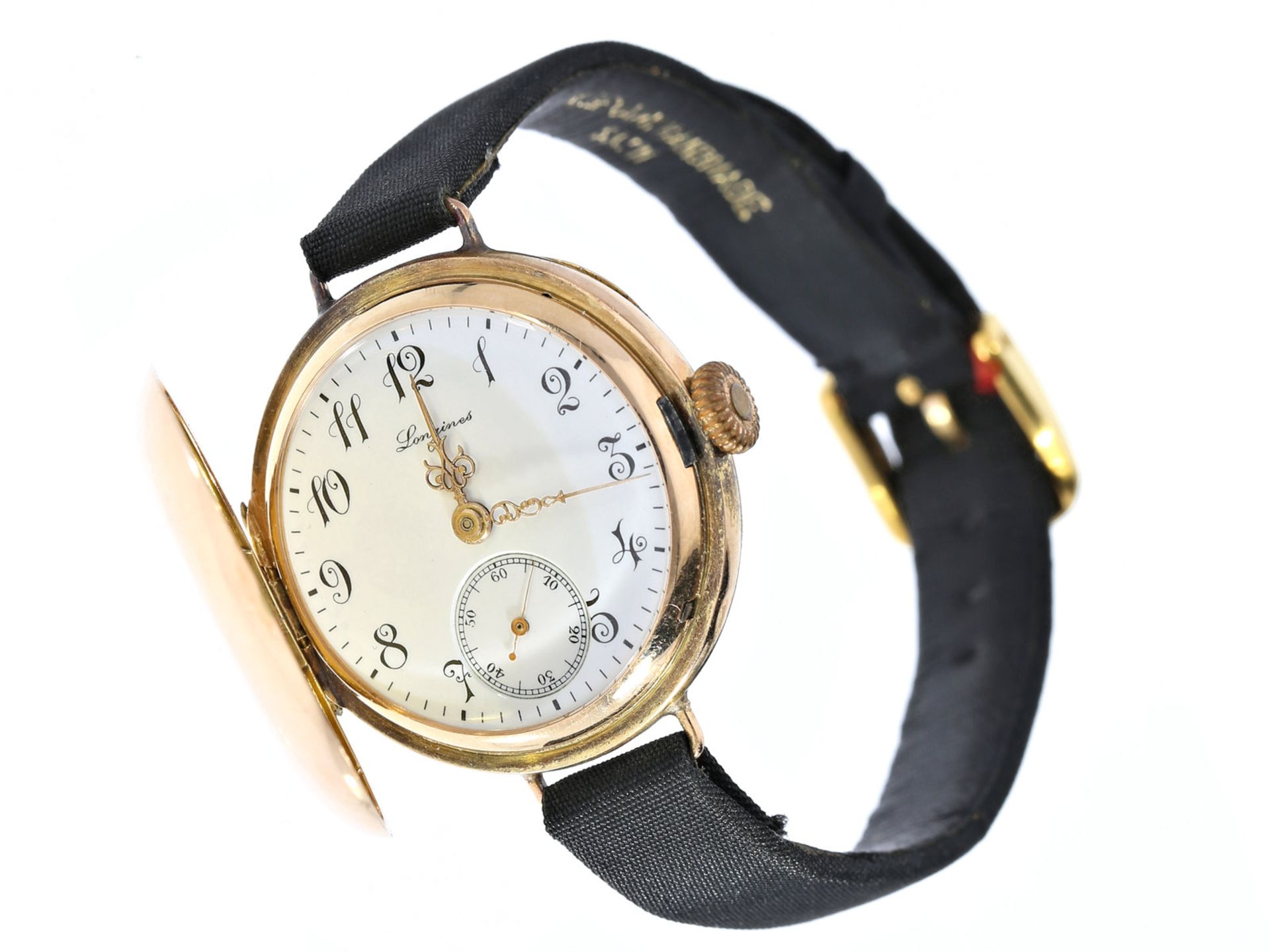 Armbanduhr: goldene Damensavonnette, um 1900, Marke Longines, früher Umbau von Taschenuhr auf